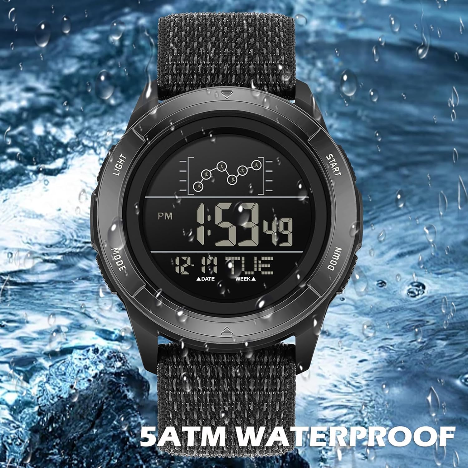 findtime Mens Digital Watch with Nylon Strap Red Sports Wrist Watches for Men Women with Countdown LED Day Date Dual Time Display Alarm Stopwatch - Image 5