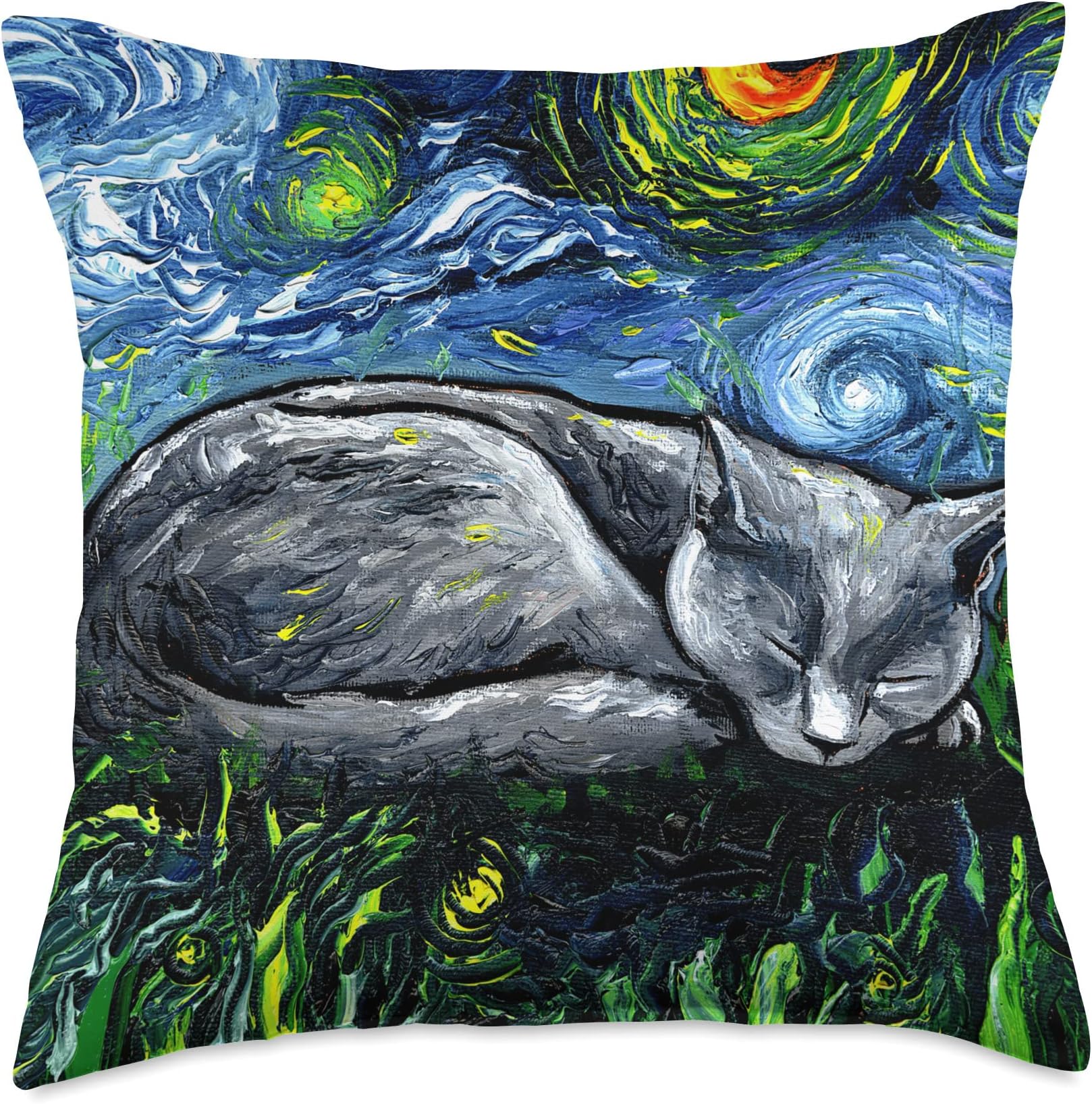 Russian Blue Cat Starry Night Gray Sleeping Kitty Artwork Throw Pillow