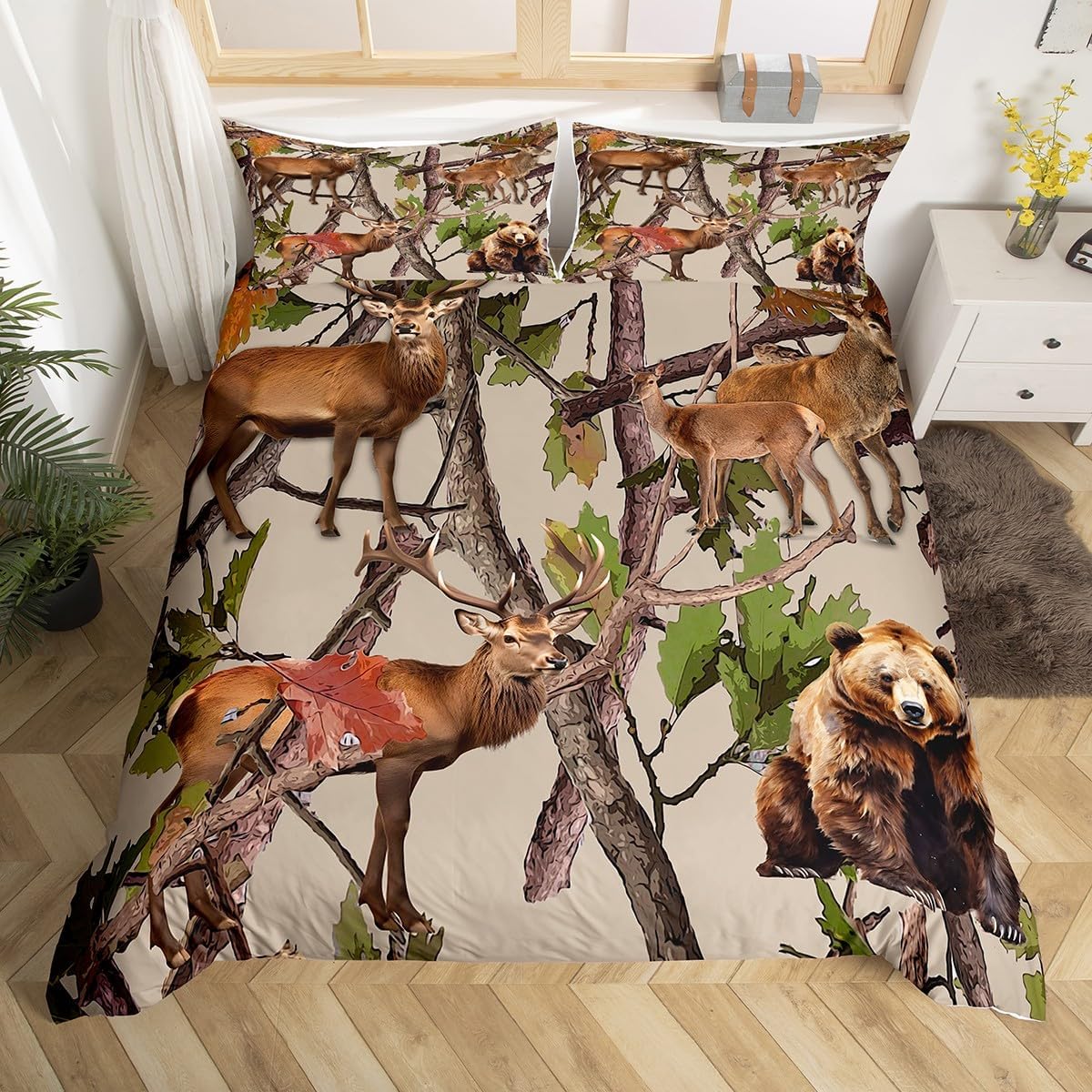 Feelyou Deer Bedding Set Camo Rustic Deer Elk Bird Bear Duvet Cover for Kids Boys Girls Hunting Comforter Cover Botanical Tree Branches Bed Set 1 Duvet Cover with 1 Pillowcase Twin Size (No Comforter)