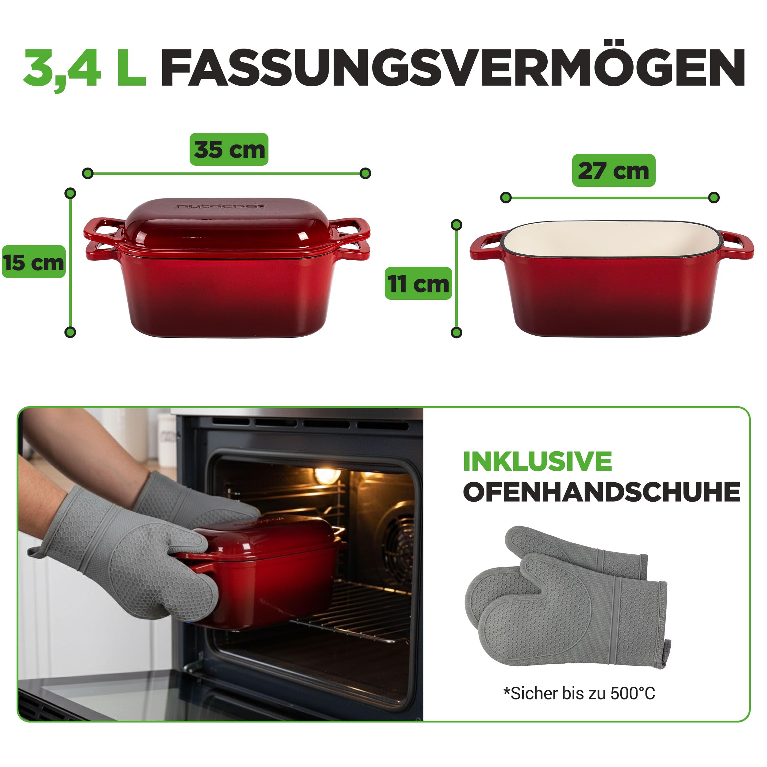 NutriChef Gusseisen Topf - Brotbacktopf - mit Deckel - 25,4 cm ovaler Brottopf mit Silikonhandschuhen - zum Backen Braten Schmoren und mehr - Spülmaschinenfest, Rot