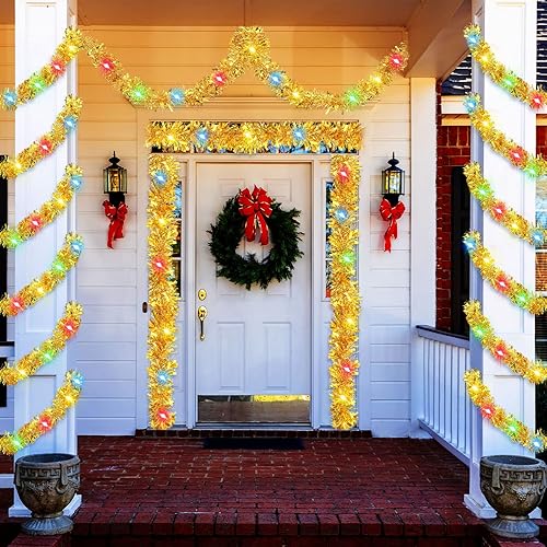 Miniatura 9 de Kingdder Guirnalda de oropel preiluminada de Navidad de 16.4 pies con luces, funciona con pilas, guirnalda colgante de 50 luces LED con guirnalda de