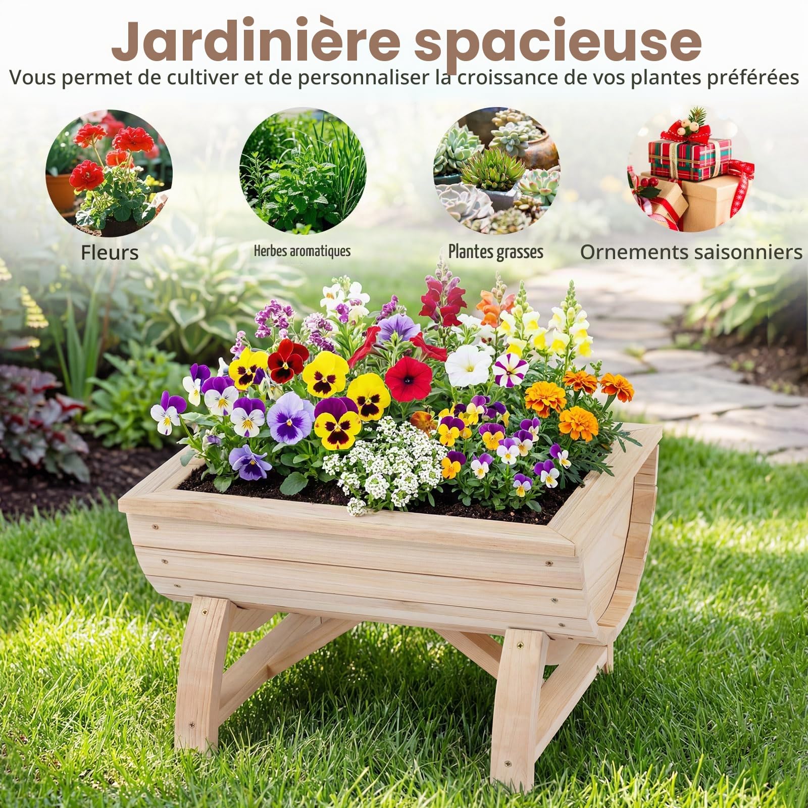 GOPLUS Lot de 2 Jardiniere sur Pieds en Bois Massif, 39x30x24 CM, Carre Potager Forme Demi-Tonneau avec Trou de Drainage pour Légumes, Plantes, Herbes, Table de Culture pour Balcon, Jardin