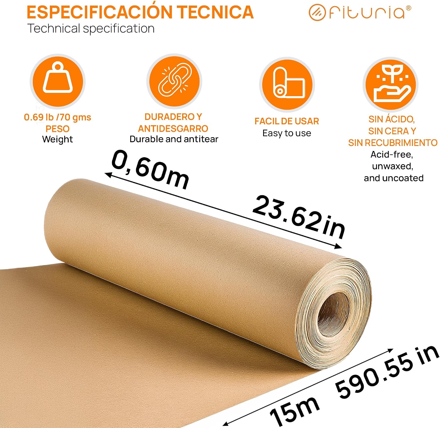 OFITURIA Natural Brown Kraft Paper 70 g/m² - Roll 0.60 x 15 m - Pack of 6 Rolls - Recycled Paper for Packaging, Crafts and Decoration - Tear-Resistant - Suitable for Acrylic and Oil Paints