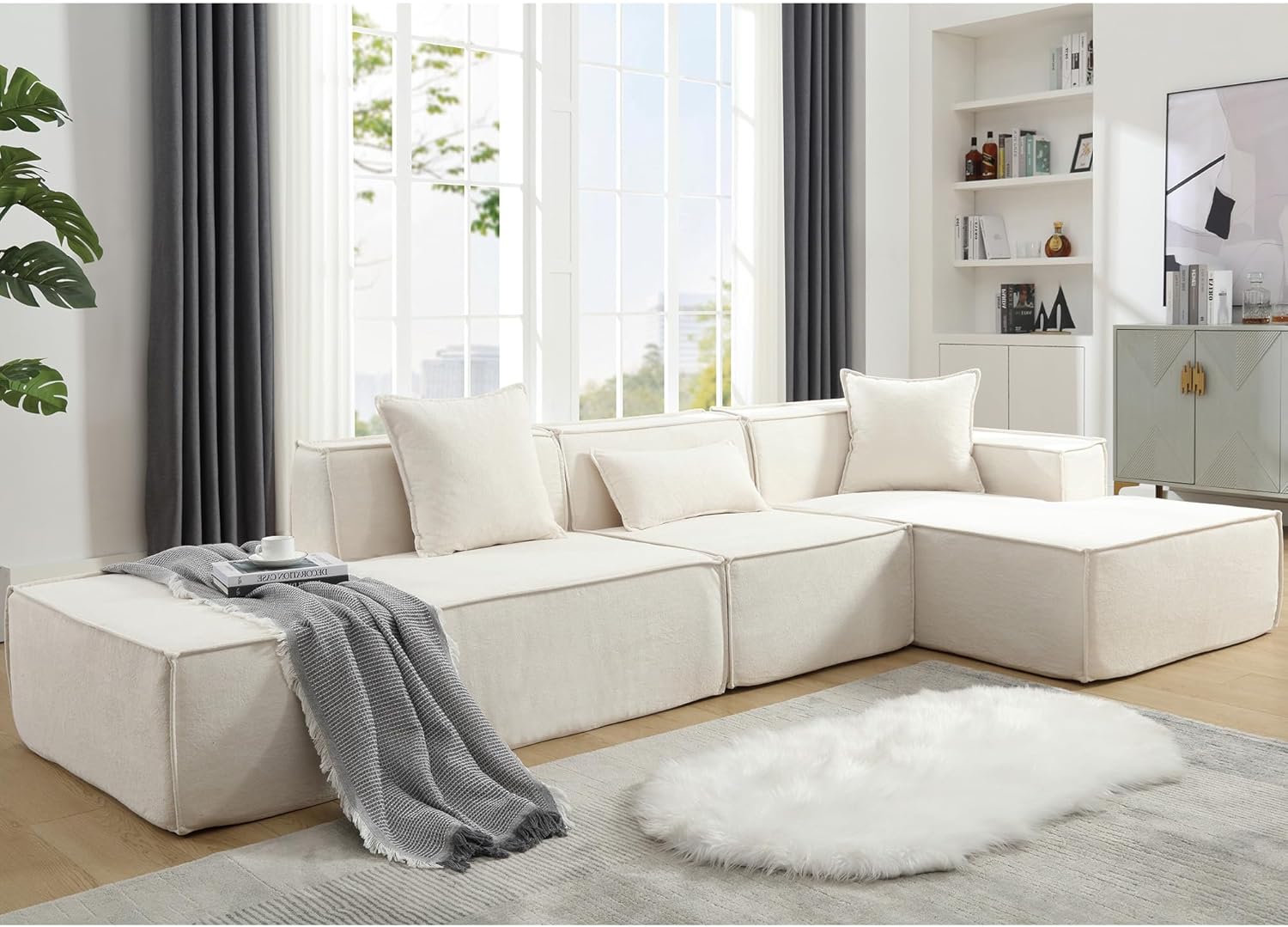 JUSTONE 129.5" L Shaped Minimalist Tofu Block Sofa, High Density Sponge Floor Sofa with Chaise Lounge, Cloud Couch, Beige - Right Facing