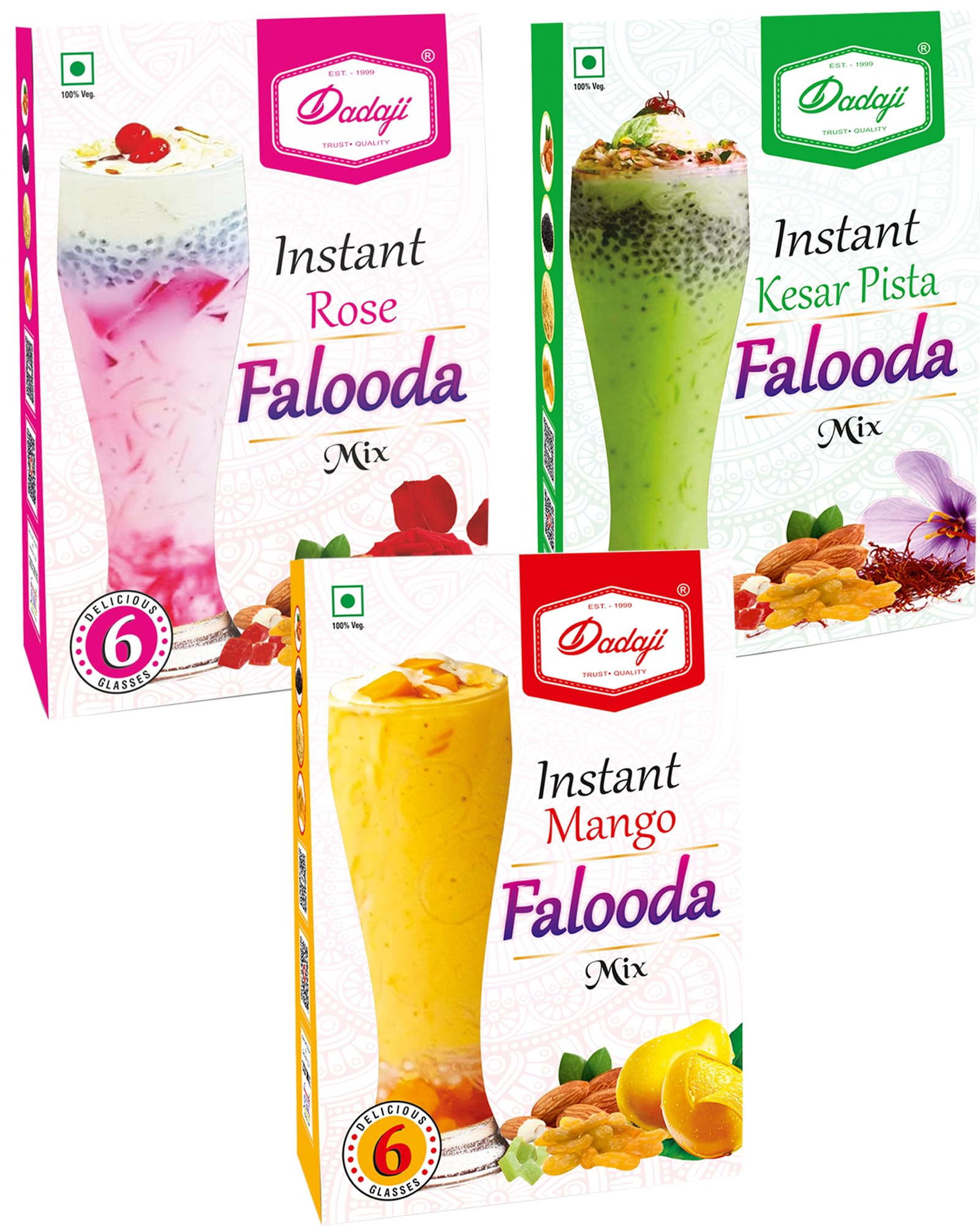 Dadaji Combo Of Instant Falooda Mix 200 gm | Pack of 3 (Rose, Mango and Kesar Pista) | Instant Falooda Mix |Rich, Smooth & Creamy Texture | Delicious & Refreshing Taste