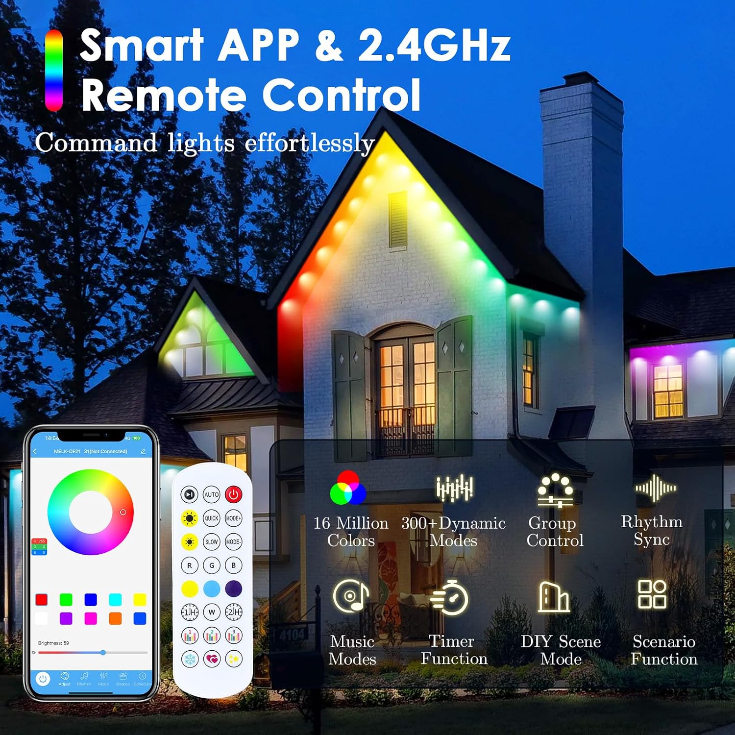 WIOR 50FT Permanent Outdoor Lights, IP67 Waterproof Smart RGB LED Eave Lights with APP/Remote Control Daily Accent & Festive Lighting for Christmas Holloween Party Garden All Holiday Outdoor Decor