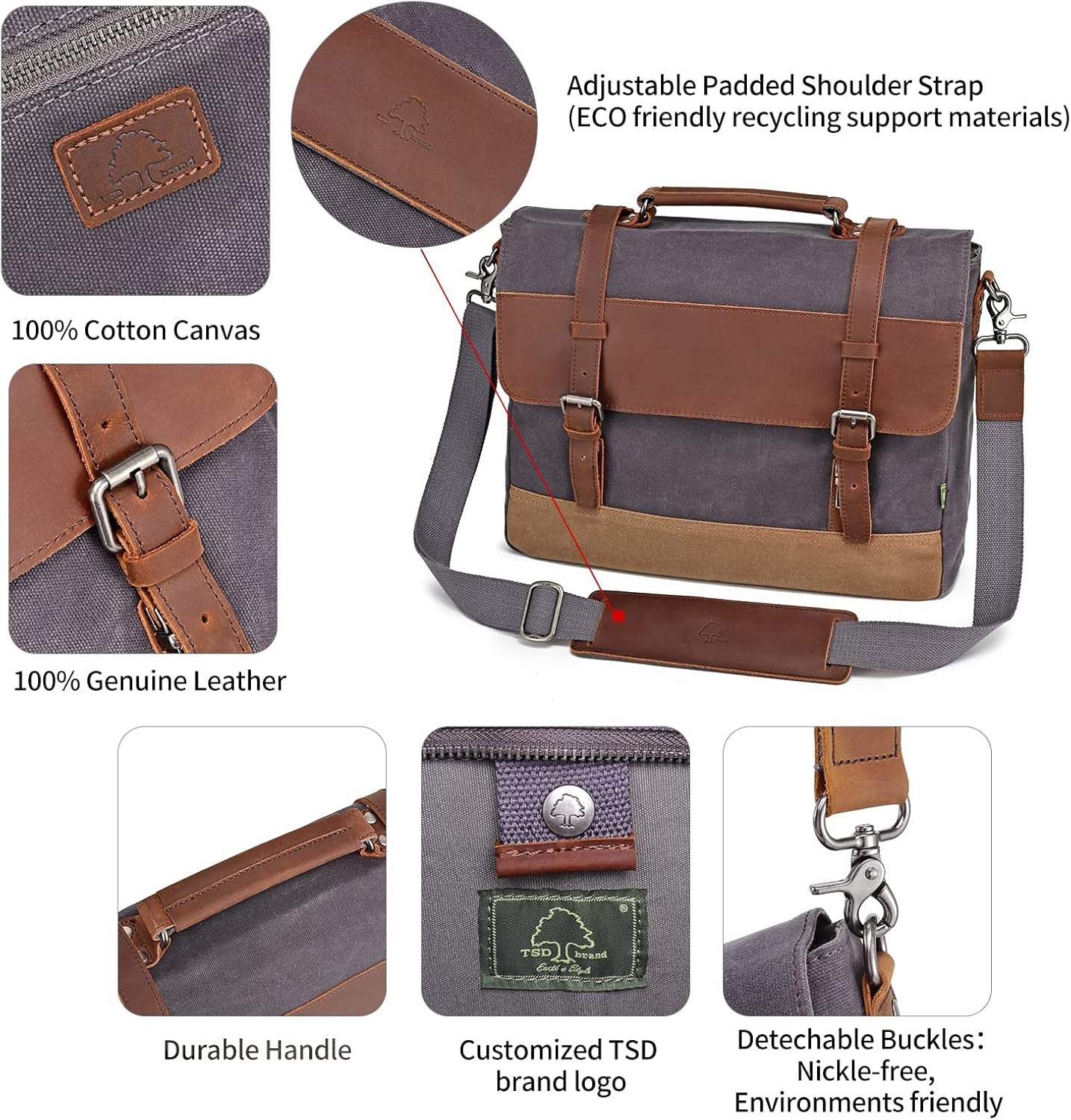 TSD Brand Waxed Waterproof Canvas Briefcase Laptop Messenger Bag Satchel Shoulder Bag Vintage Genuine Leather Briefcase
