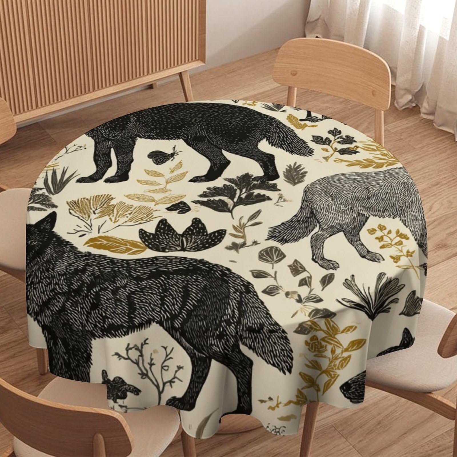 LUYYSKY Abstract Aesthetic Wolves Silhouettes Round Tablecloth Vintage Rustic Botanical Plants Animals Wolf Print Washable Decor for Table Cover for Kitchen-127 Wx127 L cm