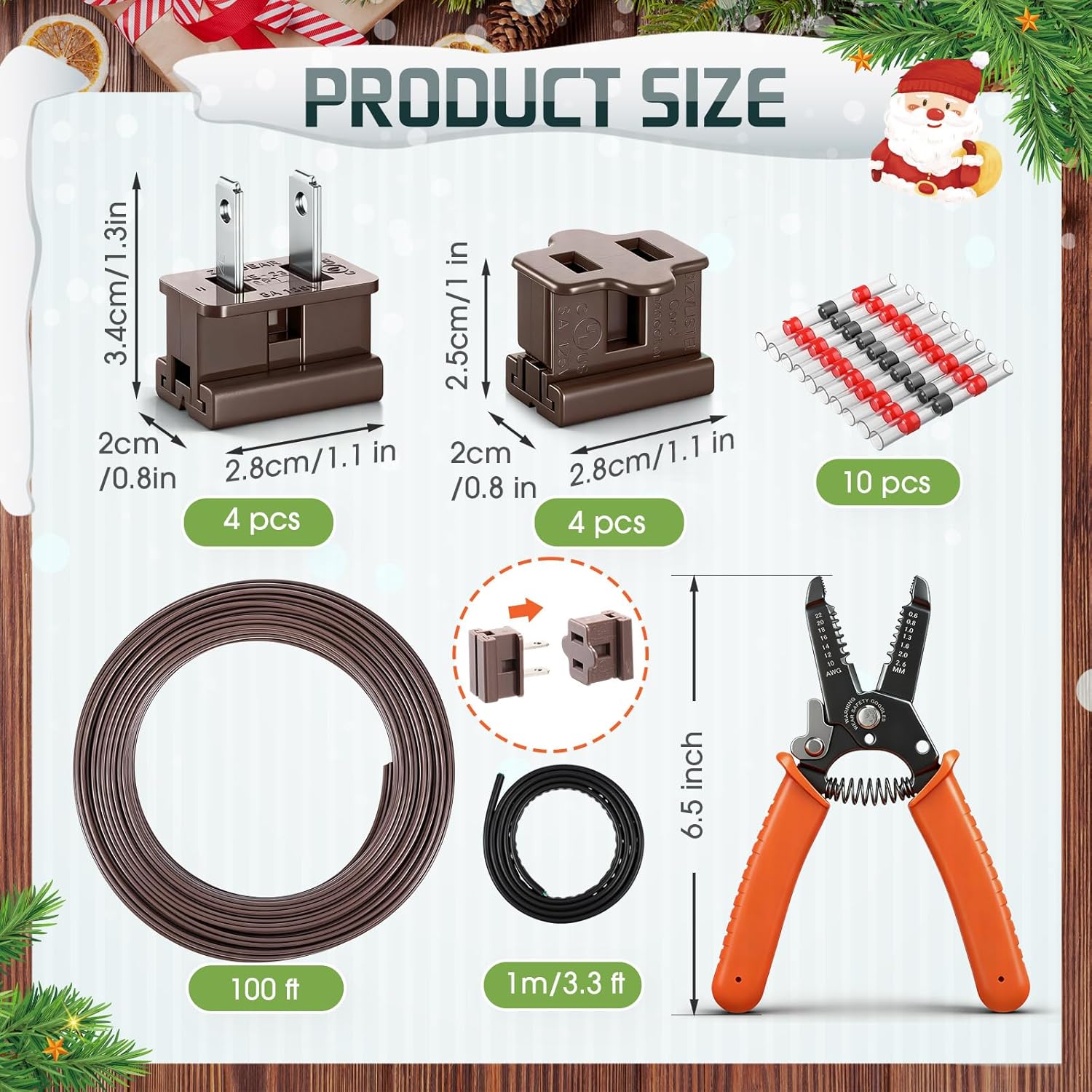 SPT-2 18/2 Christmas Electrical Wire with 8 Vampire Plug 10 Heat Shrink Terminal 39''Heat Shrink Tubing Stripper 18 AWG 2 Conductor Low Voltage Landscape Wire Extension for Outdoor Light(Brown,100 ft)