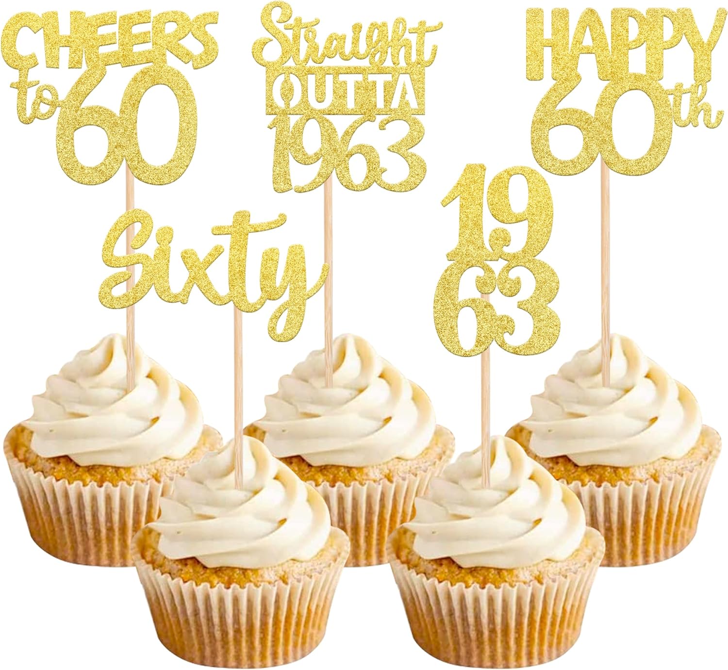 30PCS Happy 60th Birthday Cupcake Toppers Gold Glitter