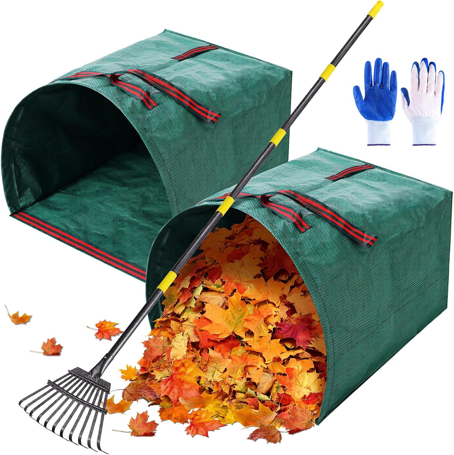 MUDEREK 2-Pack 40 Gallon Collapsible Leaf Bags with Rake & Gloves - Heavy Duty Reusable Yard Waste Dustpan for Leaves, Grass & Debris