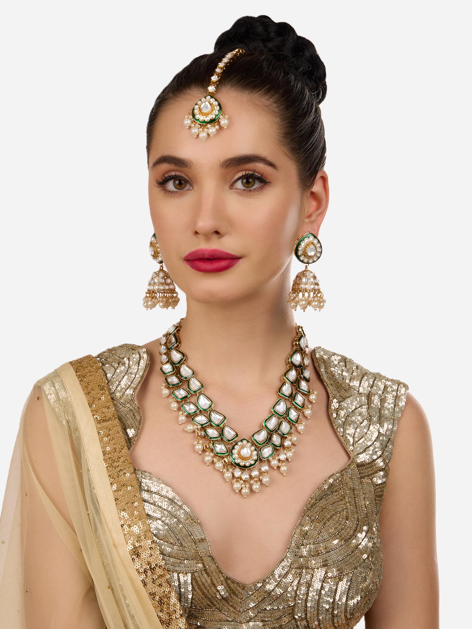 ZAVERI PEARLS Green Meenakari Dazzling Stones Beads Bridal Necklace Earring & Maangtikka Set For Women-ZPFK18886 4