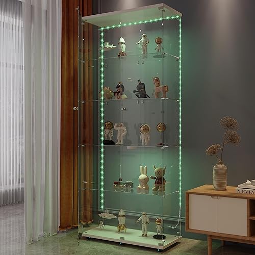 Miniatura 242 de Vitrina de cristal con 4 estantes con tira de luces LED y cerradura, vitrina de vitrina con ruedas y 1 puerta, vitrina de vidrio templado para sala