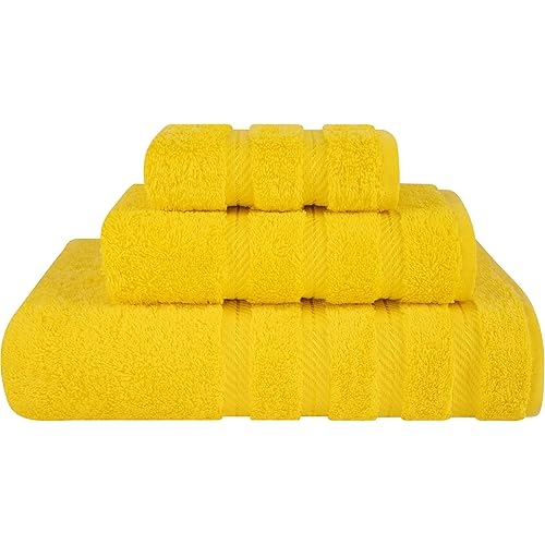 American Soft Linen Premium 3 Piece Towel Set, 1 Bath Towel 1 Hand Towel 1 Washcloth, 600 GSM 100% Cotton Turkish Towels for Bathroom, Yellow Towel Set
