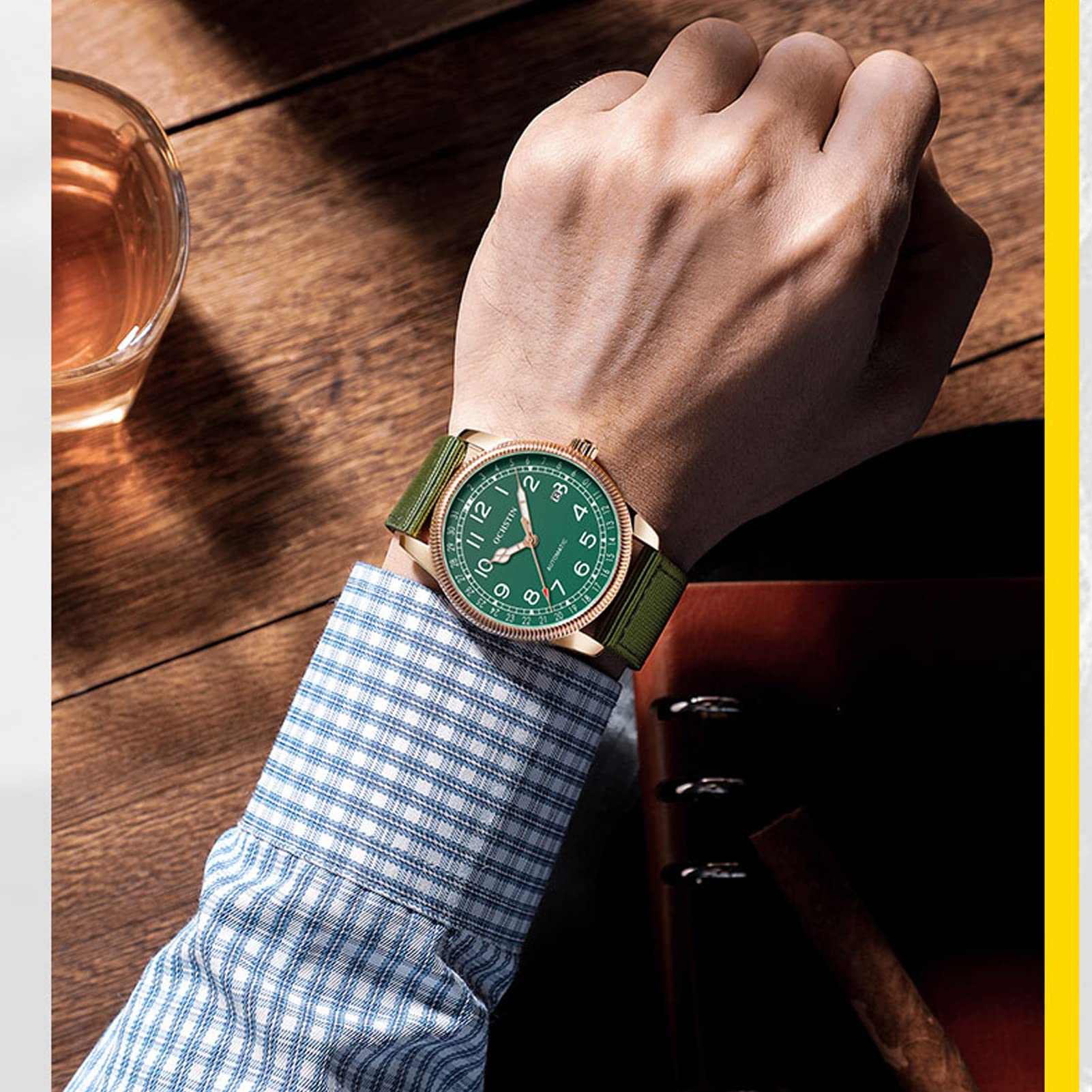FORSINING Herren-Armbanduhr, automatisch, mechanisch, mit Lederband, modisch, Business, analog, Datumsanzeige, Uhren, wasserdicht, grün, Armband