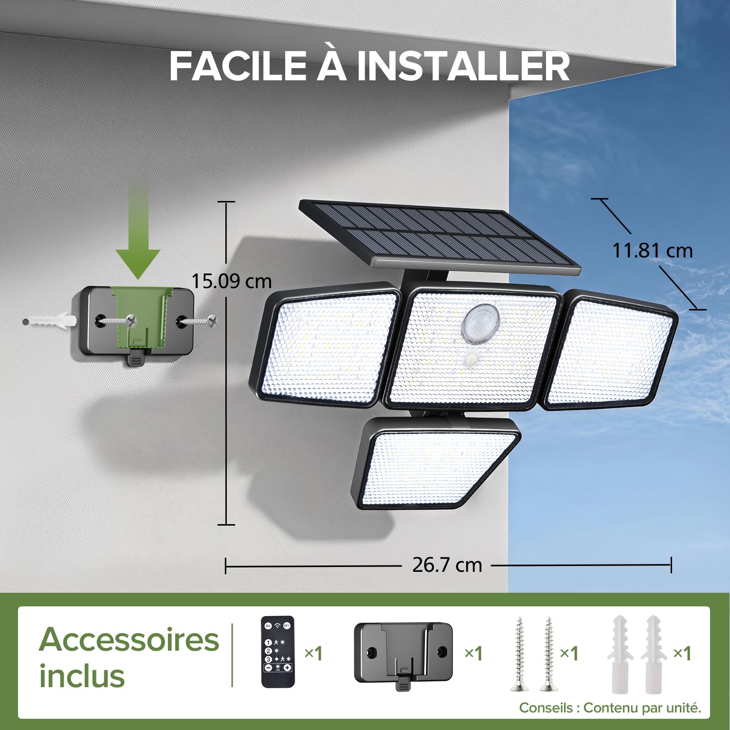 UME Lampe Solaire de Sécurité Extérieur, 196 LED avec Détecteur de Mouvement PIR, 3 Modes, 4 Têtes Orientables, Projecteur à Énergie Solaire avec Télécommande, IP65 Étanche – Lot de 2