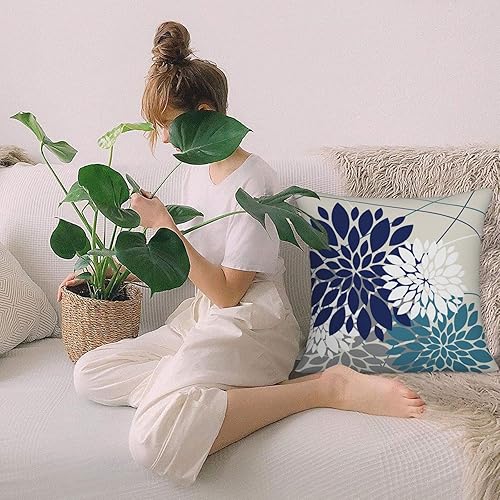 Miniatura 7 de AWJTNCQ Juego de 2 fundas de almohada florales de dalia azul marino y verde azulado de 18 x 18 pulgadas, para exteriores, diseño geométrico moderno