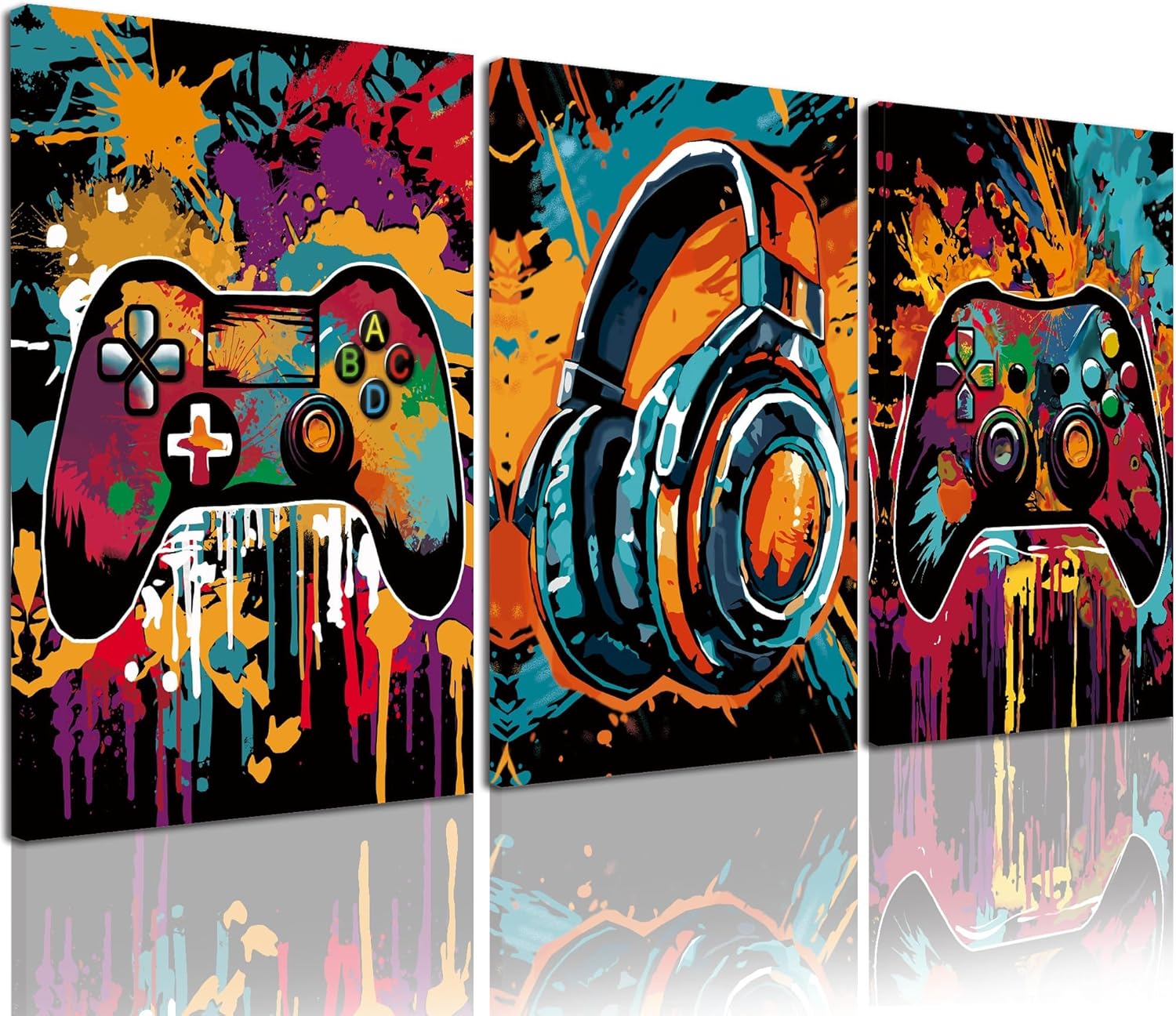 PHOPAGO Framed Cool Gaming Wall Art Video Game Watercolor Graffiti Pictures Neon Gamepad Video Gamer Room Decor for Teenage Boys Gamer Room Decoration 12x16inx3pcs