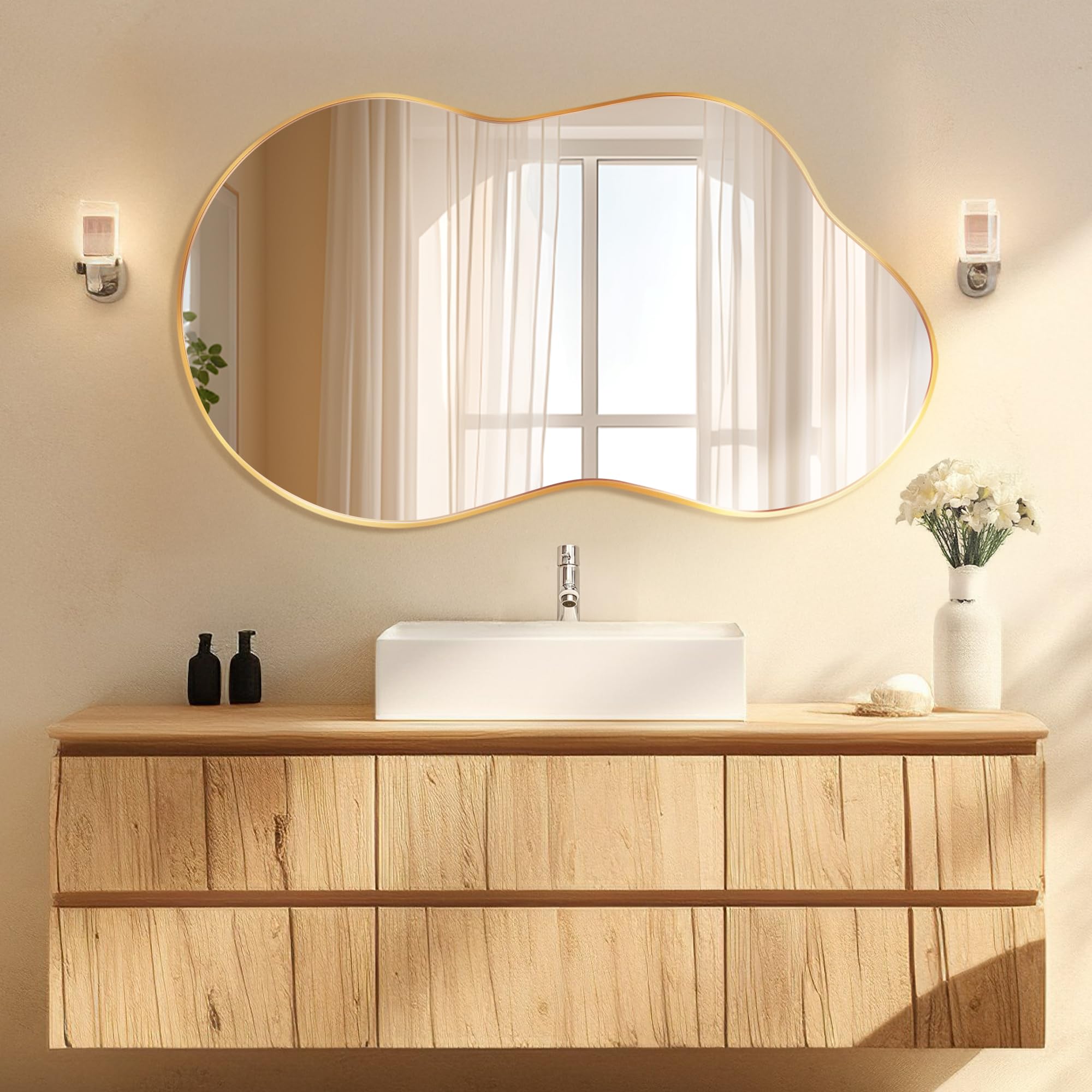 Miroir Mural Irrégulier, Miroir Décoratif Asymétrique avec Cadre en Alliage d’Aluminium Qualité Aviation pour Salle de Bain, Chambre, Salon, Entrée