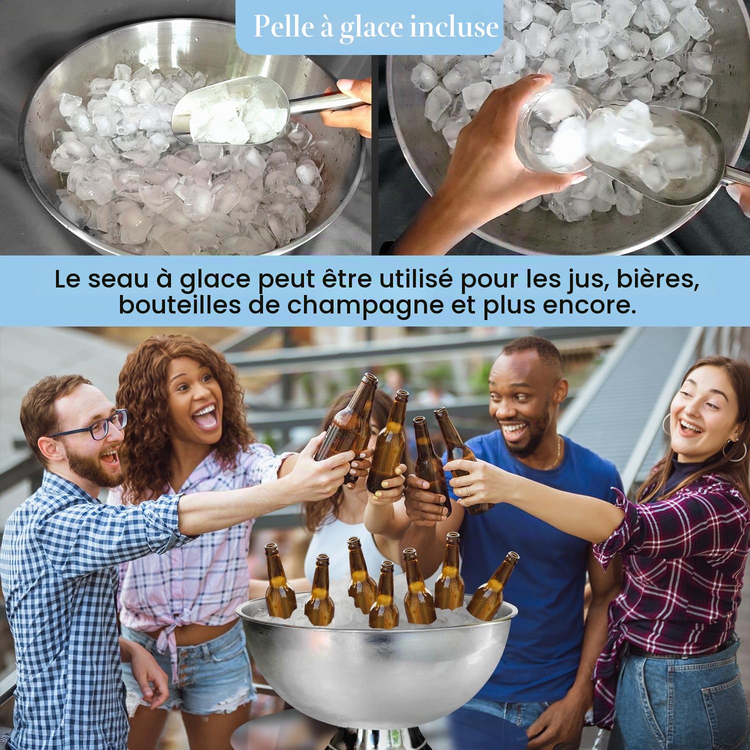 Grand seau à glace de qualité supérieure de 12 L pour fêtes – 40,6 x 40,6 x 25,4 cm – Seau à boisson en acier inoxydable argenté avec pelle – Seau à glace isotherme pour bar à cocktails, bières et