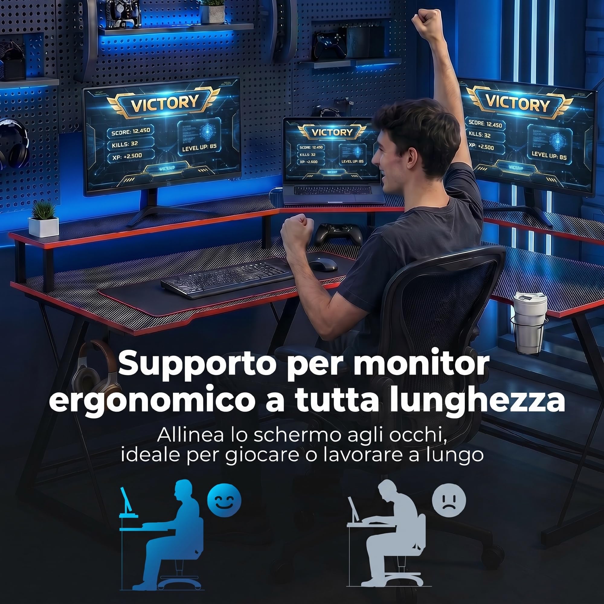 HOMCOM Scrivania Gaming Angolare Tavolo ad L 128x128cm Nero Carbonio | Stazione di Ricarica, Supporto per PC, Gancio per Cuffie, Portabicchieri, Computer Ufficio Studio