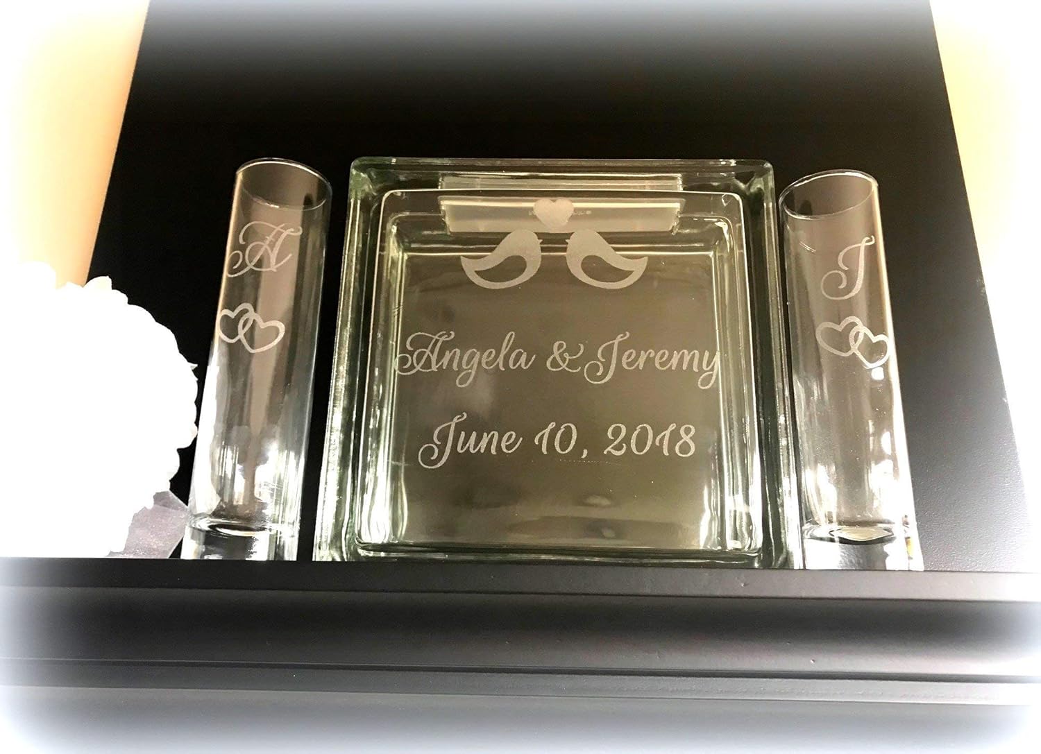 Large Glass Block Laser Engraved Sand Ceremony Unity Set with Crystal Sand