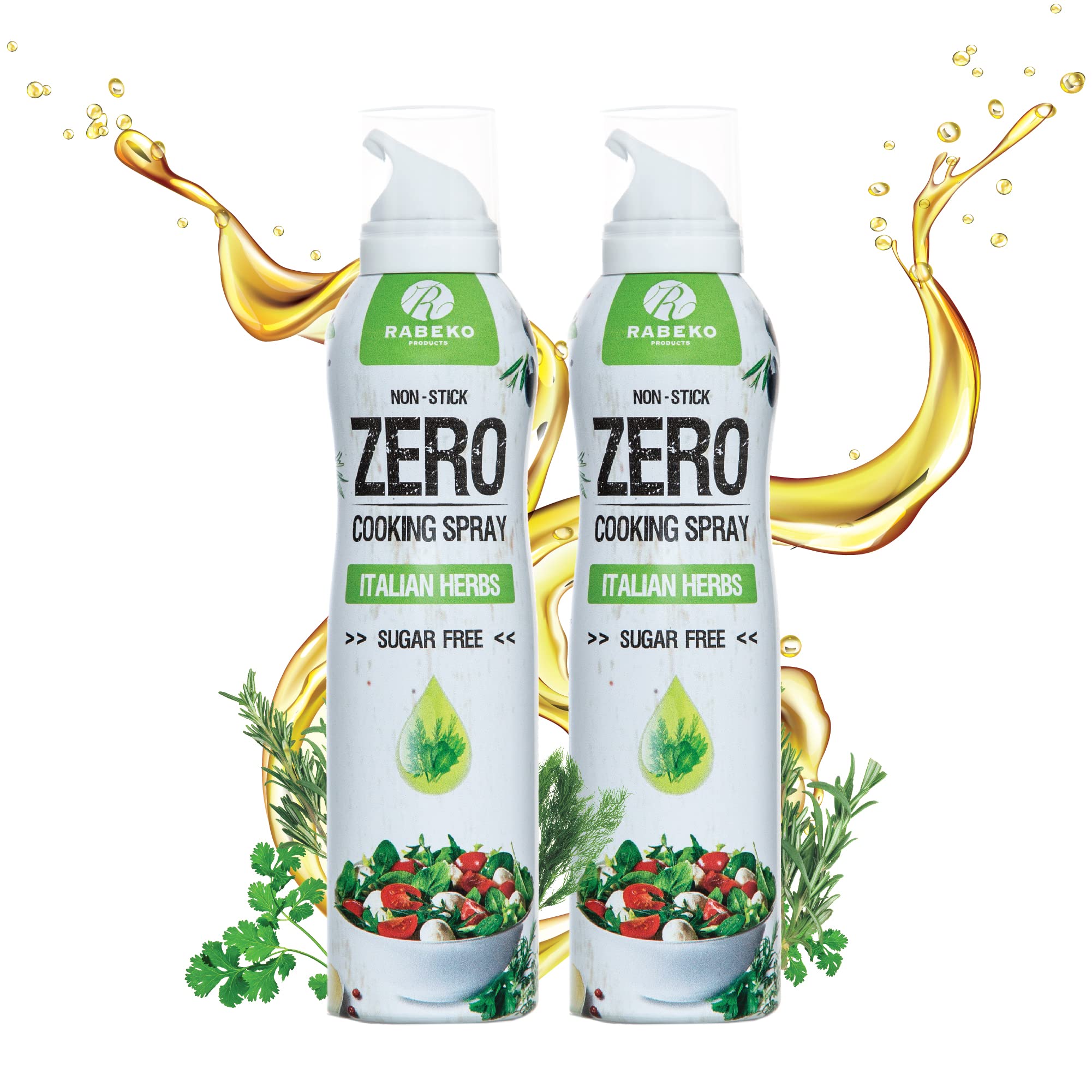 Rabeko Zero spray para cocinar bajo en calorías | HIERBAS ITALIANAS | 800 raciones, 2 kcal por pulverización | Spray para freír, asar y hornear | sin aditivos, sin azúcar|sin gluten 2 x 200ml