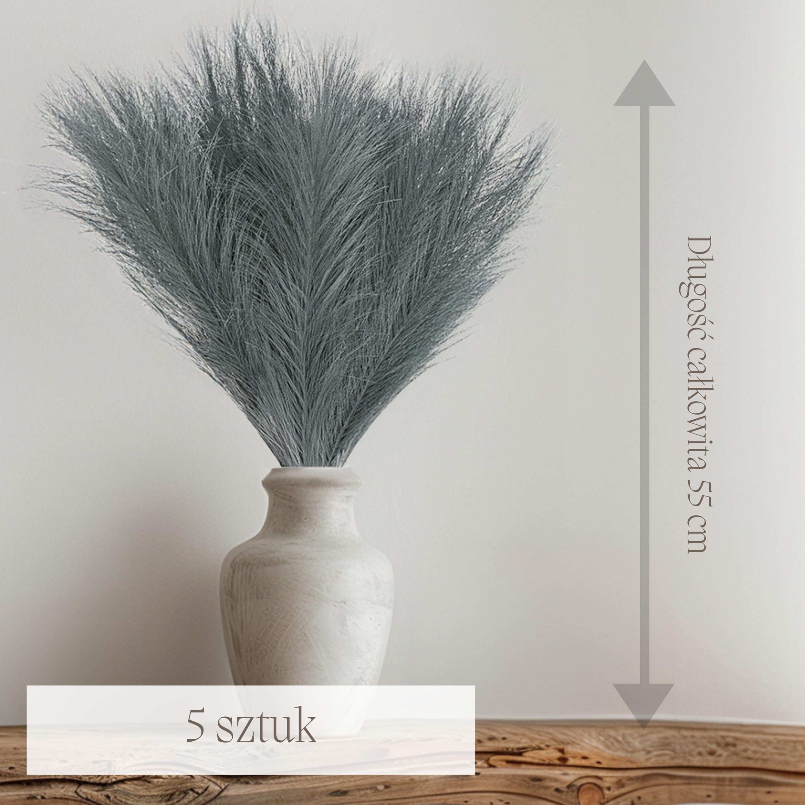 Nina-Maria's Deko Gold Sztuczna trawa pampasowa, mała, kolor szary, 5 łodyg, dlugość 55 cm, do salonu, sztuczne kwiaty do sypialni, na wesele, dekoracja boho