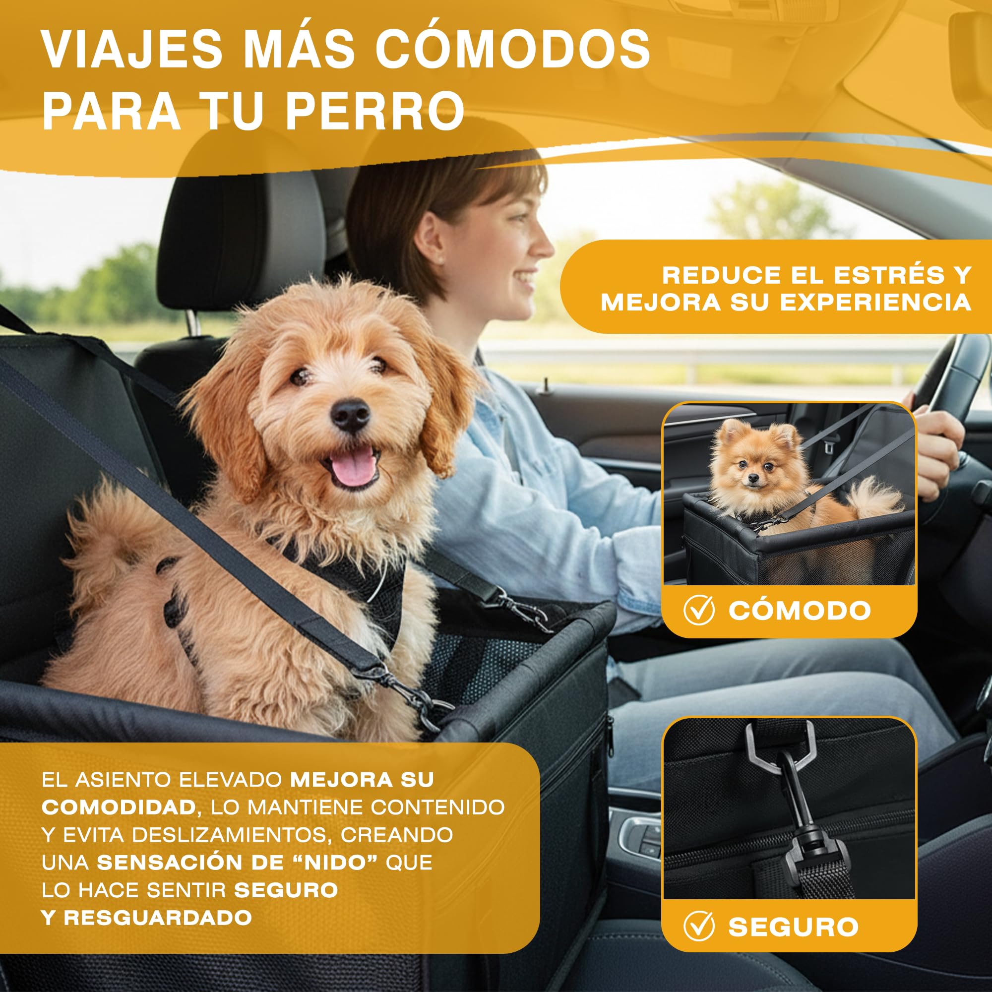 Transportin Perros y Gatos de Coche | Base Rígida y Tejido Impermeable con Correas Ajustables |Viajes Comodos y Tranquilos | Incluye Cinturón de Seguridad y Bol de Viaje Plegable | 40x40x32 cm.