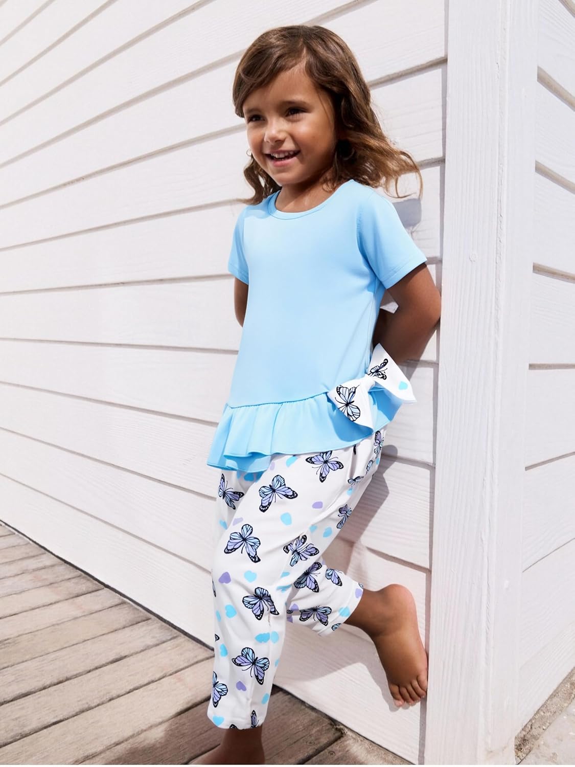 4-7T kids Girl Summer Outfit Short-Sleeve Bowknot Ruffled Hem Top and Floral Capri Pants Set - Image 3