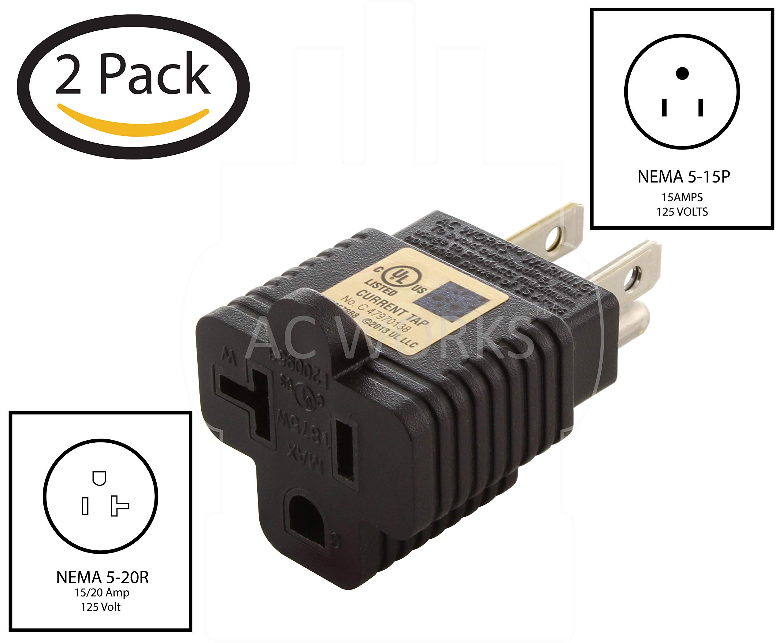 AC WORKS T-Blade Adapter – 15A To 20A 125V, NEMA 5-15P To 5-15/20R, 2-Pack, ETL Listed With Lifetime Warranty