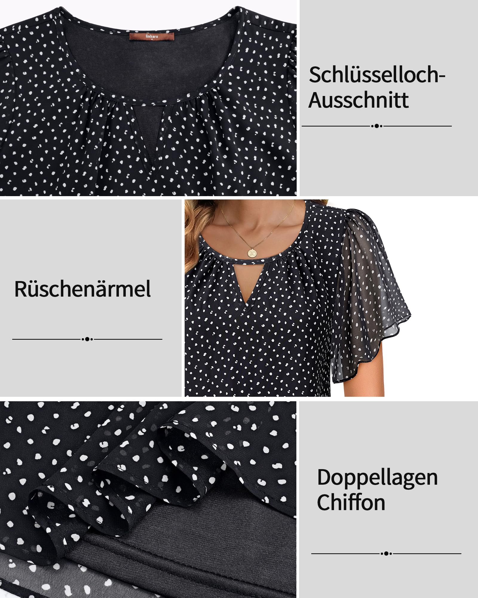 Gaharu Camicia da donna elegante a maniche corte, estiva, business, casual, scollo rotondo, maniche a volant, in chiffon, con fiori