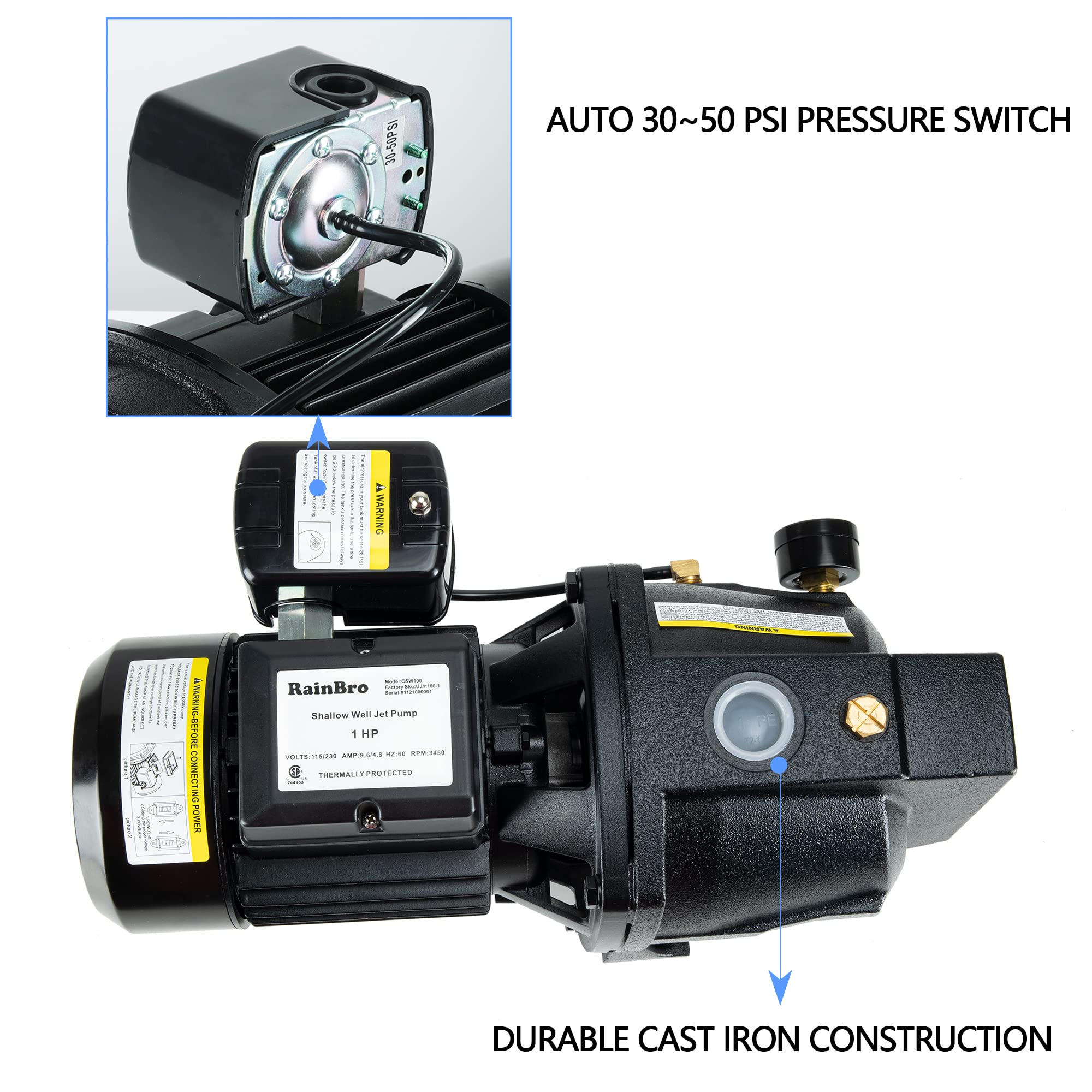 RainBro 1 HP Cast Iron Shallow well jet pump for wells up to 25 ft., shallow well water pump, Model# CSW100