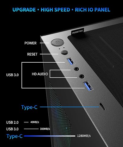 MUSETEX PC Case ATX Pre-Installation 7 PWM ARGB Fan, Mid Tower ATX Computer Case with Panoramic Double Glass, Type-C Gaming PC Case, Black (K2) - 5