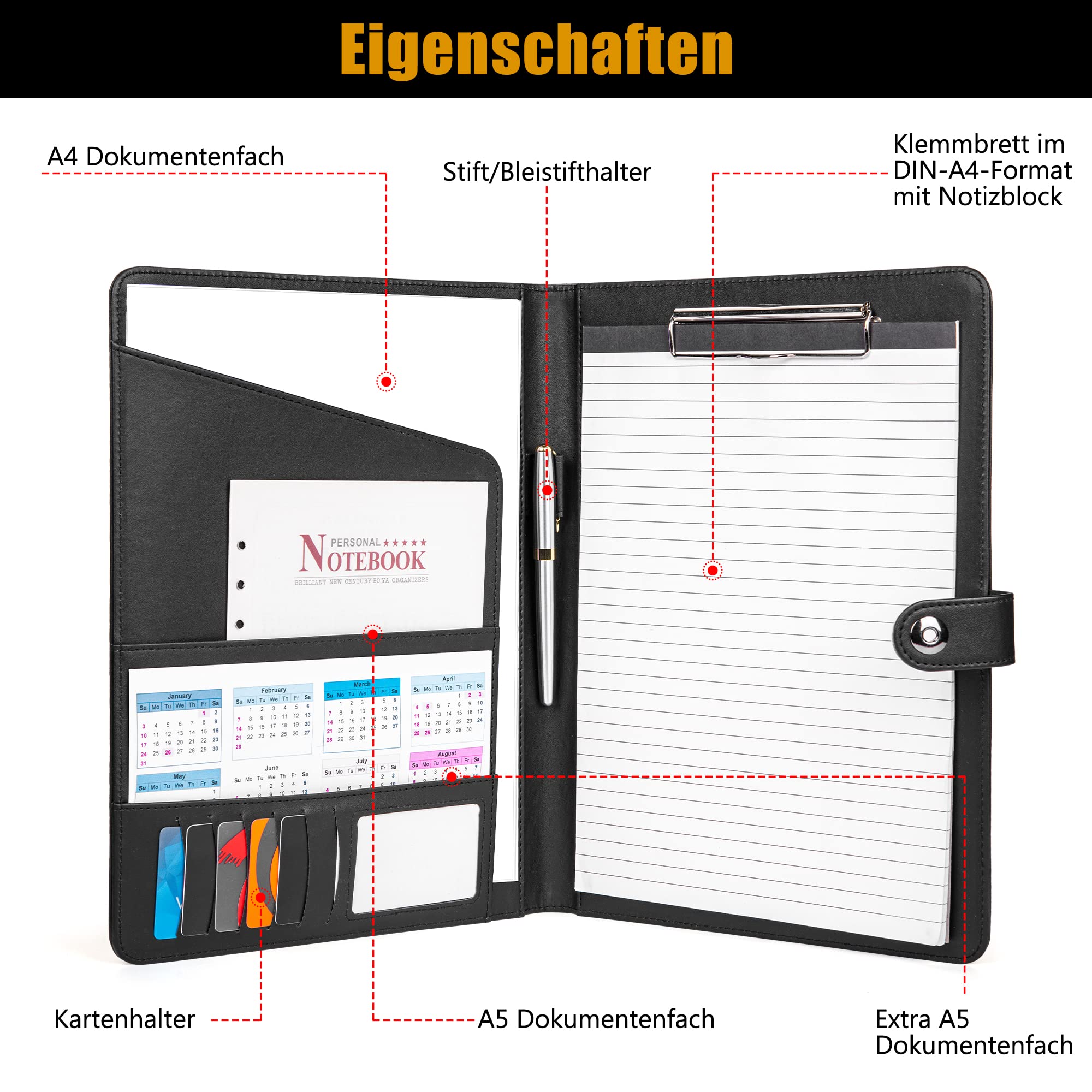 Agoer Klembord, A4, schrijfmap, klembordmap, PU-leer, conferentiemap, DIN-A4 met magneetsluiting, schrijfbord, klembordmap inclusief A4, notitieblok, documentvakken en pen - blauw