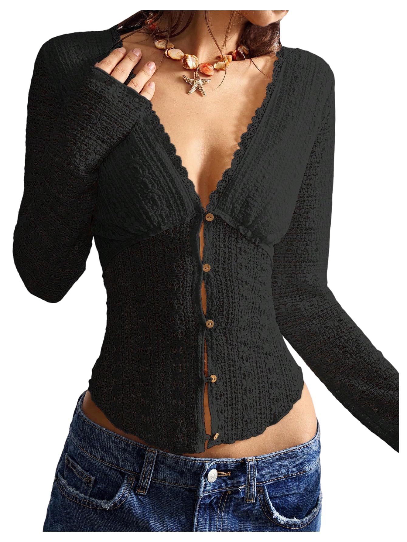 SHENHE Womens Sexy Lace Hollow Out Button Front Knit Top Floral Long Sleeve Deep V Neck Crop Cardigan
