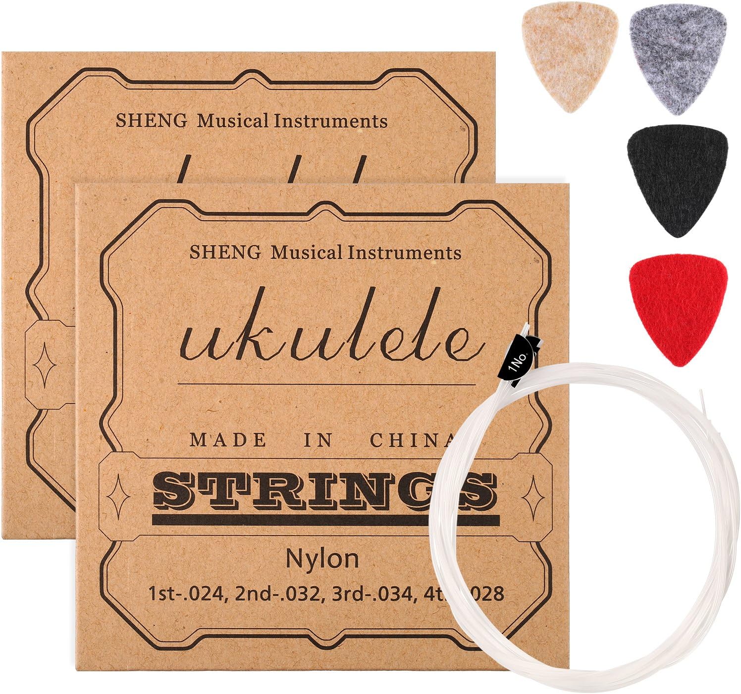 CHENGU 2 Sets of Nylon Ukulele Strings with 4 Felt Picks, Strings are White, Picks are Yellow, Gray, Black, Red