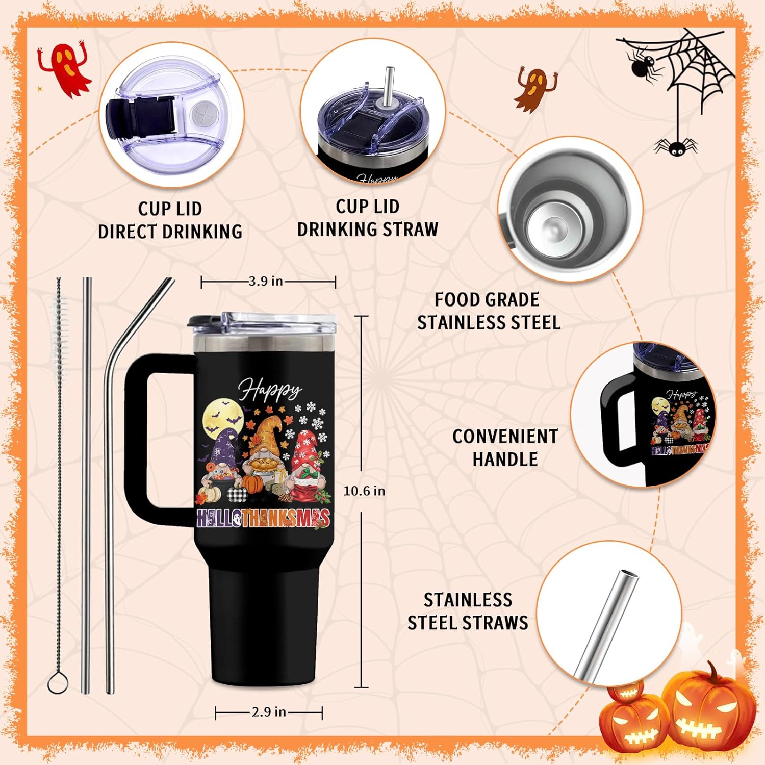 Christmas Tumbler with Handle, Gnome Gifts for Women Men, 40 Oz Fall Gnome Pumpkin Travel Tumbler Coffee Cup Water Bottle, Autumn Thanksgiving Christmas Party Gift for Women, 1 PCS - Image 4