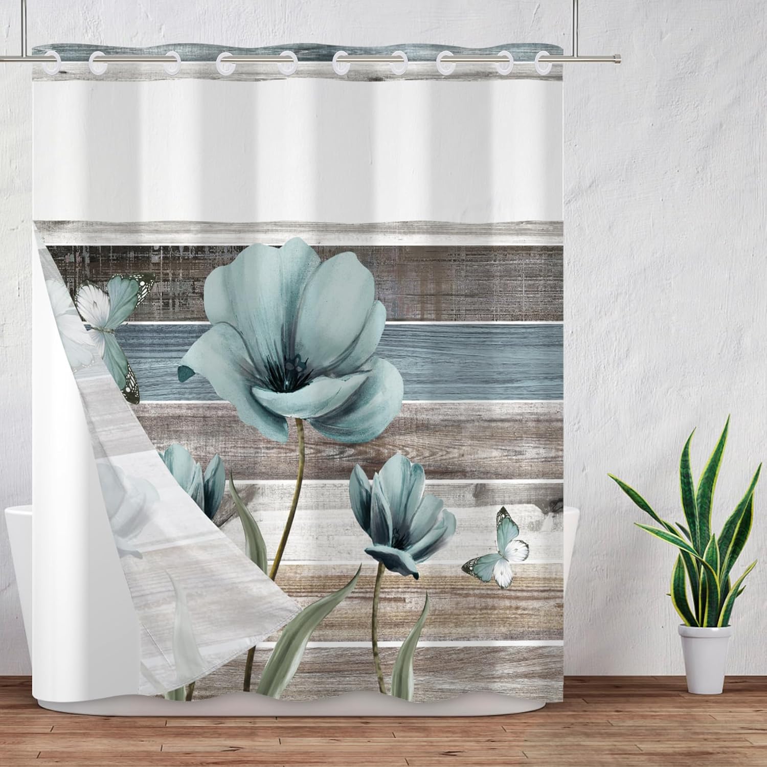 Baocicco No Hooks Needed Blue Floral Shower Curtain Set with Snap-in Liner Vintage Wooden Board Farmhouse Design Double Layers Waterproof Fabric with See Through Top Window 71x83 Inch Machine Washable