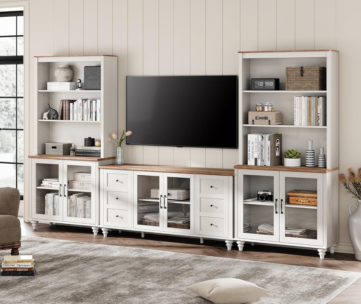 WAMPAT Entertainment Center with Bookshelves for TVs up to 65", Farmhouse Wall Unit TV Stand with Glass Doors, Media Console Table for Living Room, Bedroom & Home Theater, White