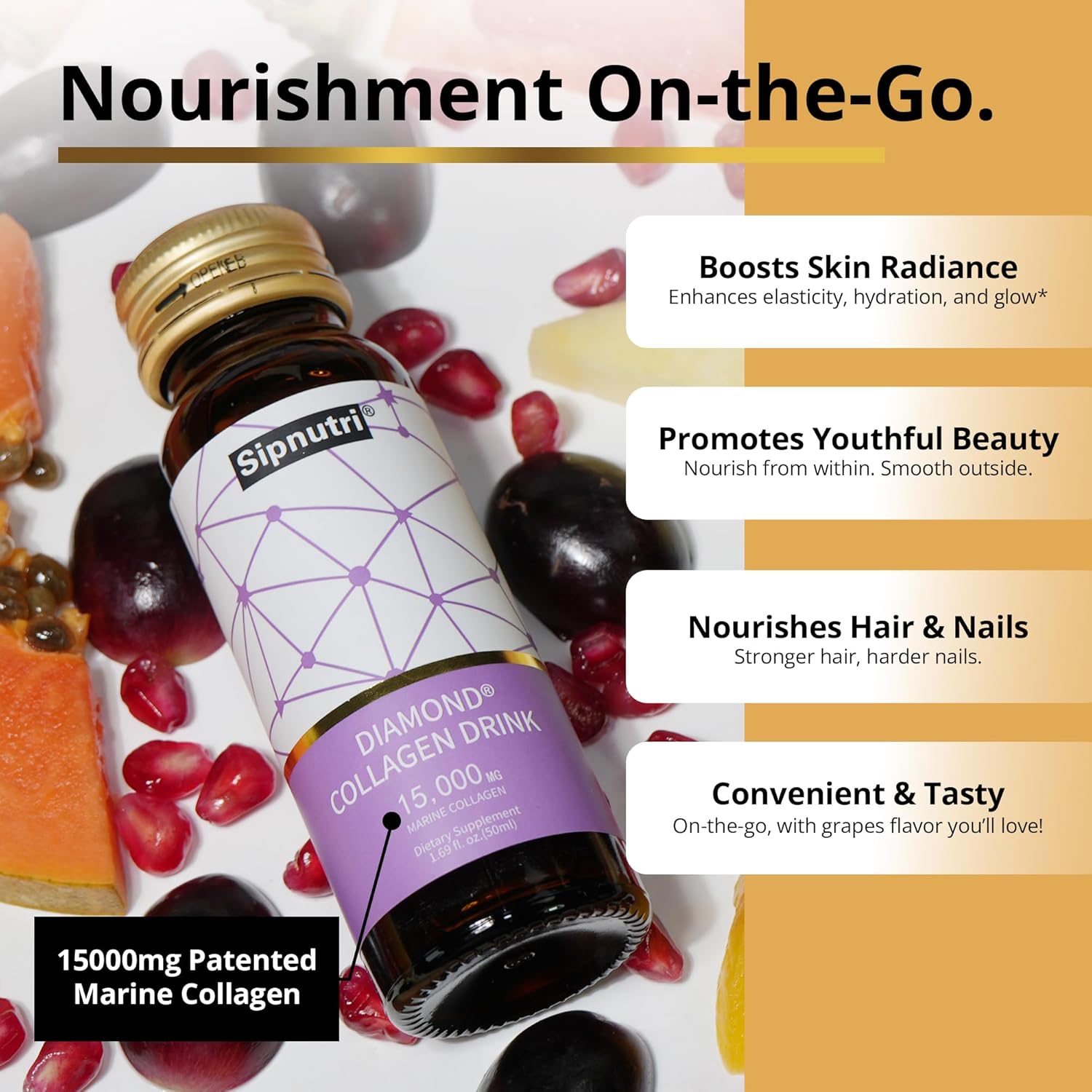 Diamond Collagen Drink -15,000mg Marine Collagen Peptides Liquid Shots for Women & Men, Hydrolyzed with Vitamin C & Pomegranate, Grape Flavor, Supports Skin, Hair & Nail Health-1.69 fl oz x30 - Image 4