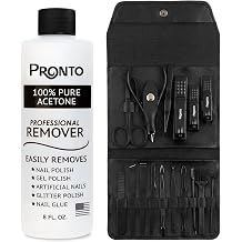 Pronto 100% Pure Acetone Nail Polish Remover with Professional Manicure Set, 8 Oz Gel Polish & Acrylic Nail Remover Kit Nail Care Grooming Tools for Women & Men