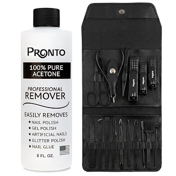 Pronto 100% Pure Acetone Nail Polish Remover with Professional Manicure Set, 8 Oz Gel Polish & Acrylic Nail Remover Kit Nail Care Grooming Tools for Women & Men