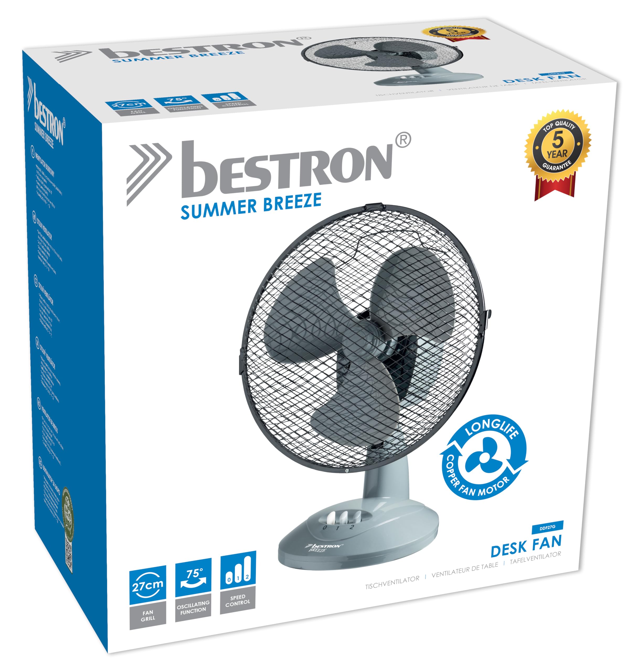 Bestron Przenośny wentylator stołowy Ø 27 cm, mały wentylator, 2 stopnie prędkości i funkcja oscylacji 75°, wysokość: 29 cm, 30 W, DDF27W, kolor: szary