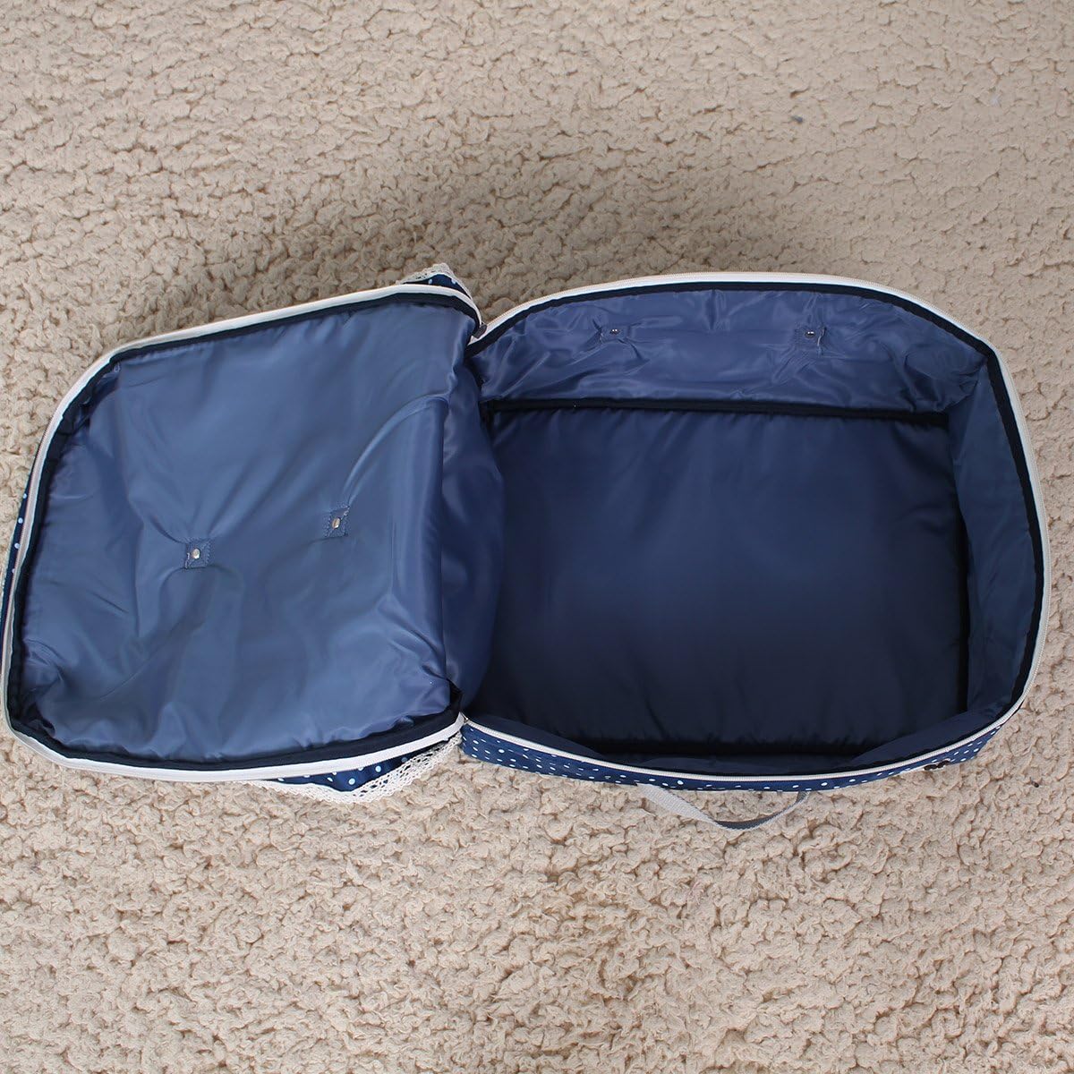 6 size Fluffy touch Comfortable clean Three-layer fabric storage bag quilt bedding Duvet soft streth box cloth case chest closet Cute fancy (Dot-navy, S 16.2×10.6×8.3"(for summer cloth;easy carry))