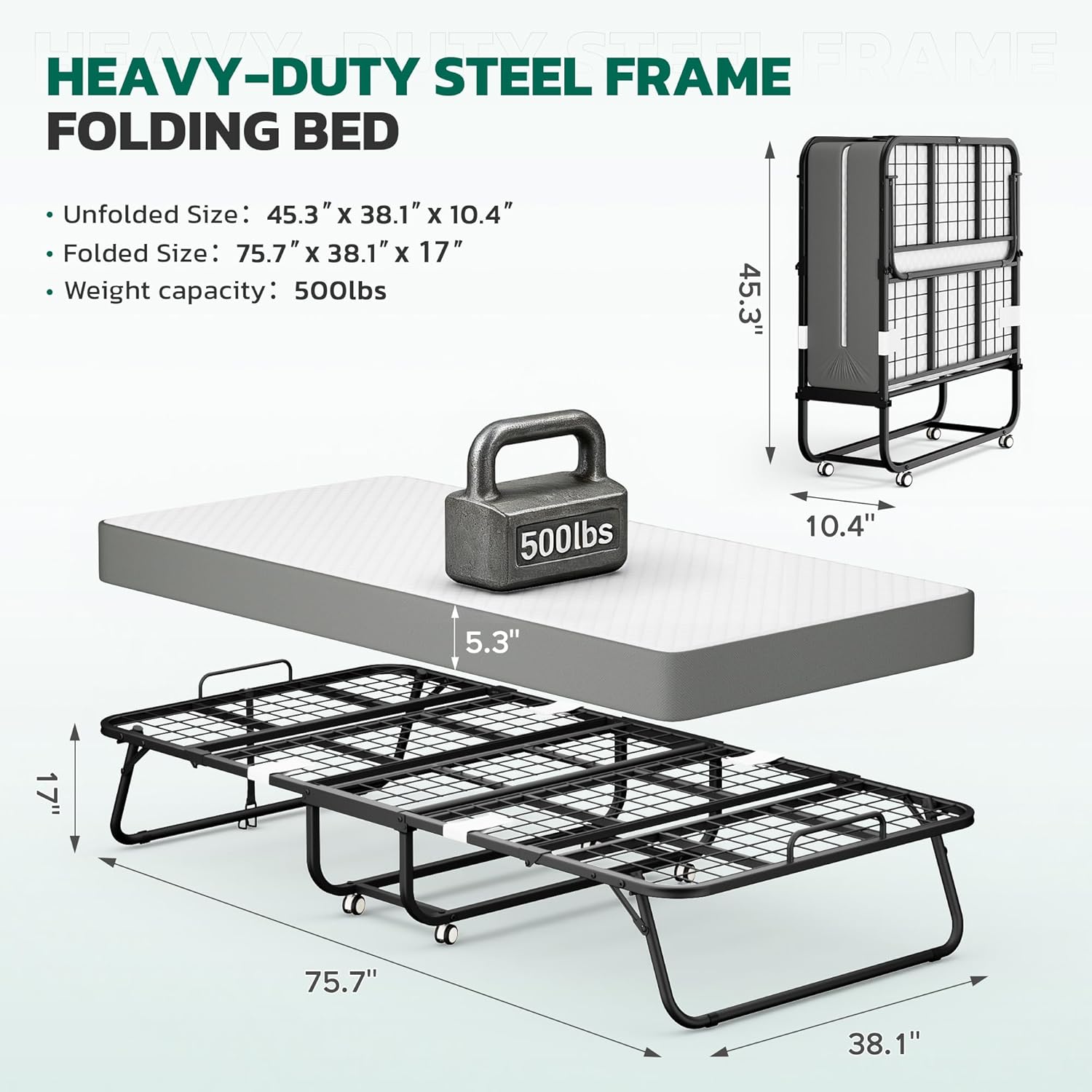 Greenvelly Folding Bed with 5 Inch Mattress, 75” x 38” Portable Rollaway Bed with Memory Mattress and Metal Frame for Adults,Guest, Twin Size,Cot Size