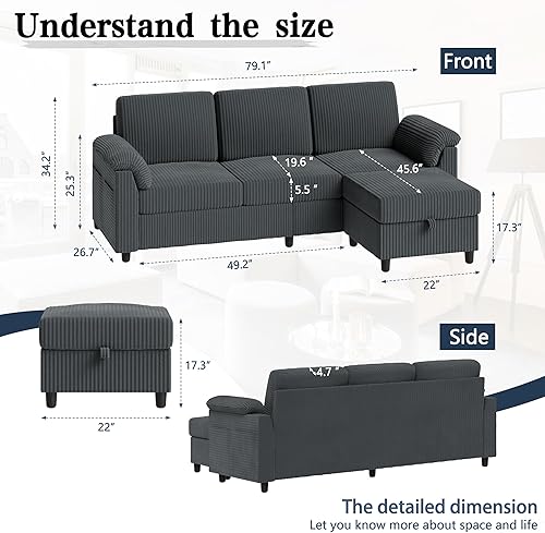 Miniatura 4 de Meilocar Sofás seccionales para sala de estar, sofá en forma de L con bolsillo lateral de almacenamiento, cómodos sofás de 3 asientos para