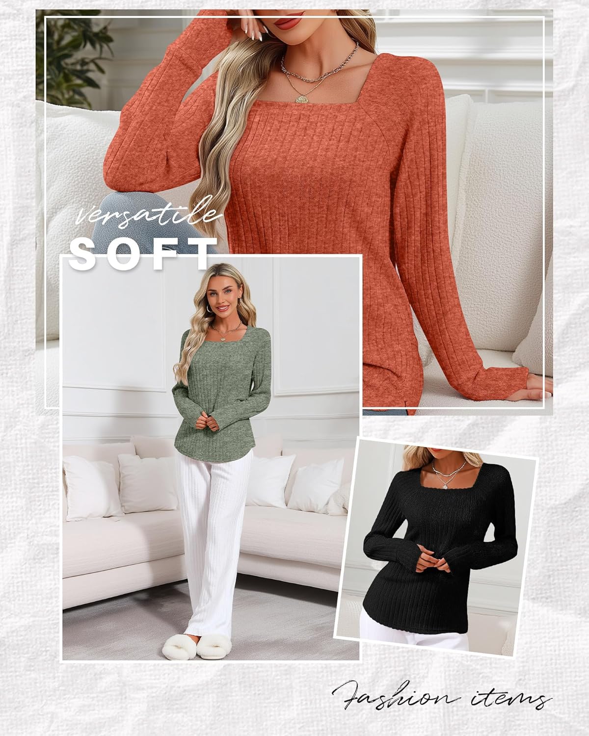 3 Pack Women's Long Sleeve Shirts, Square Neck Loose Fit Tunic Tops Fall Winter Casual Lightweight Sweaters - Image 5