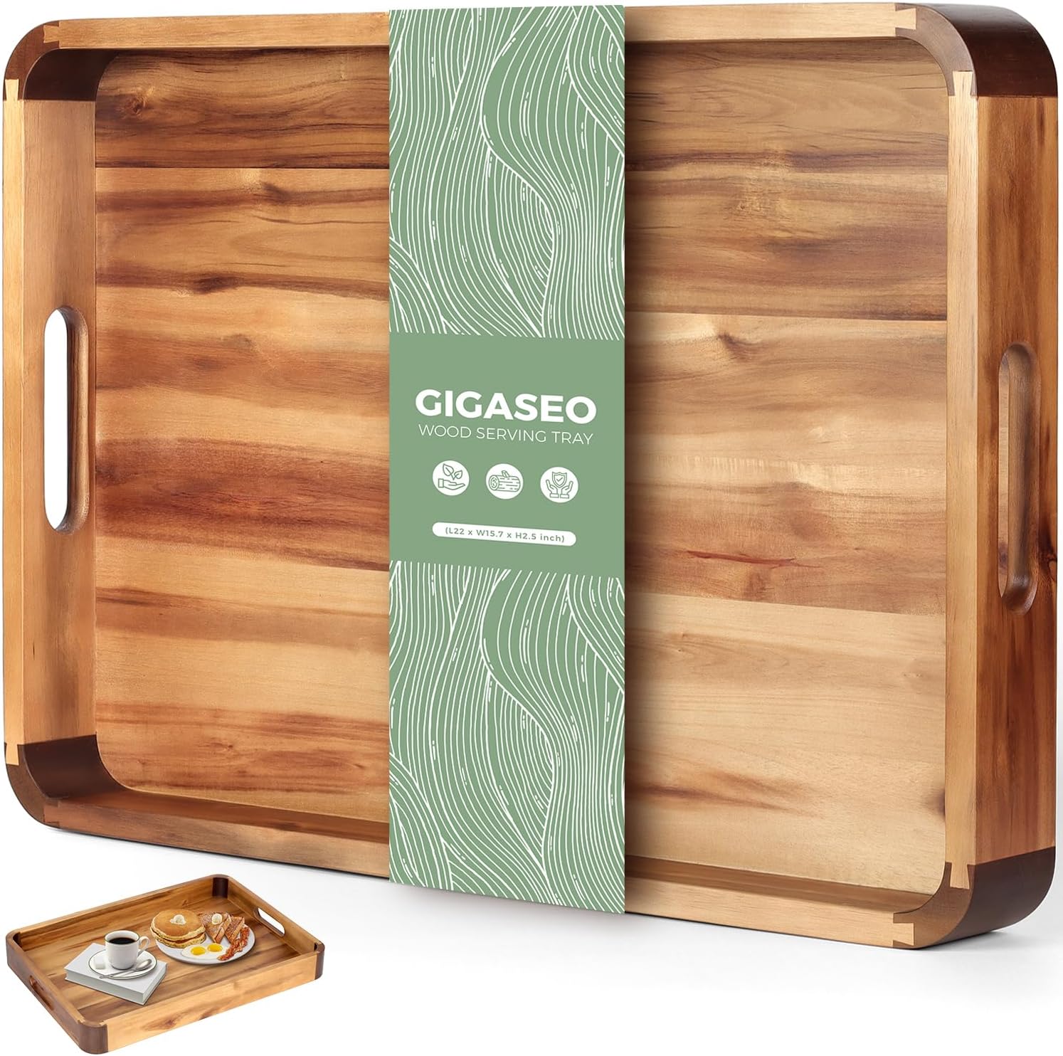 22 x 15.7 Inch Large Acacia Wood Serving Tray with Handles, Extra Spacious Decorative Wooden Tray with Dark Walnut-Tone Curved Corner Accents for Coffee Table, Ottoman & Kitchen Counter