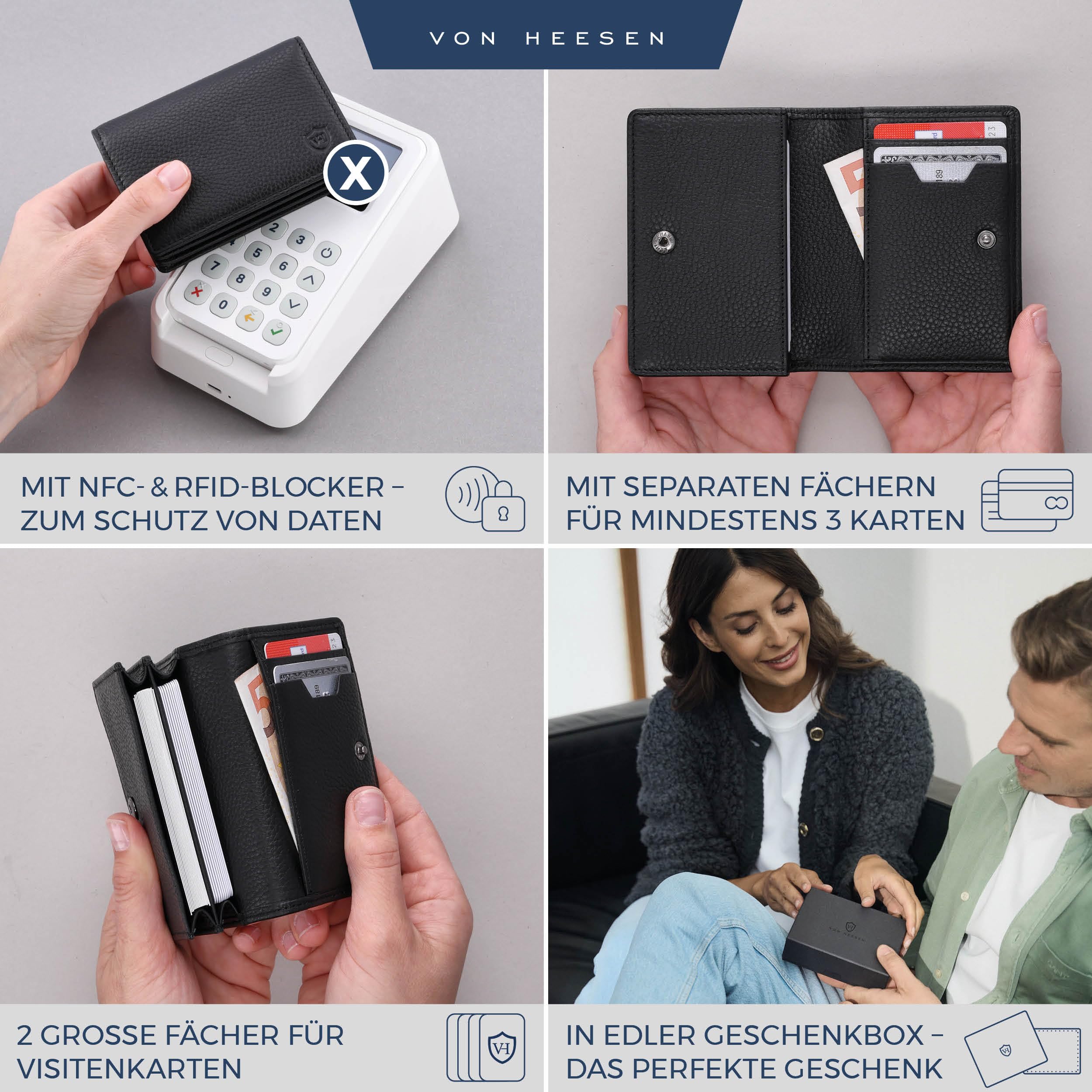 VON HEESEN® Visitenkartenetui Leder mit RFID-Schutz - Platz für 50 Visitenkarten - 6 Fächer - Visitenkarten Etuis - Geschenk für Damen & Herren (Schwarz)